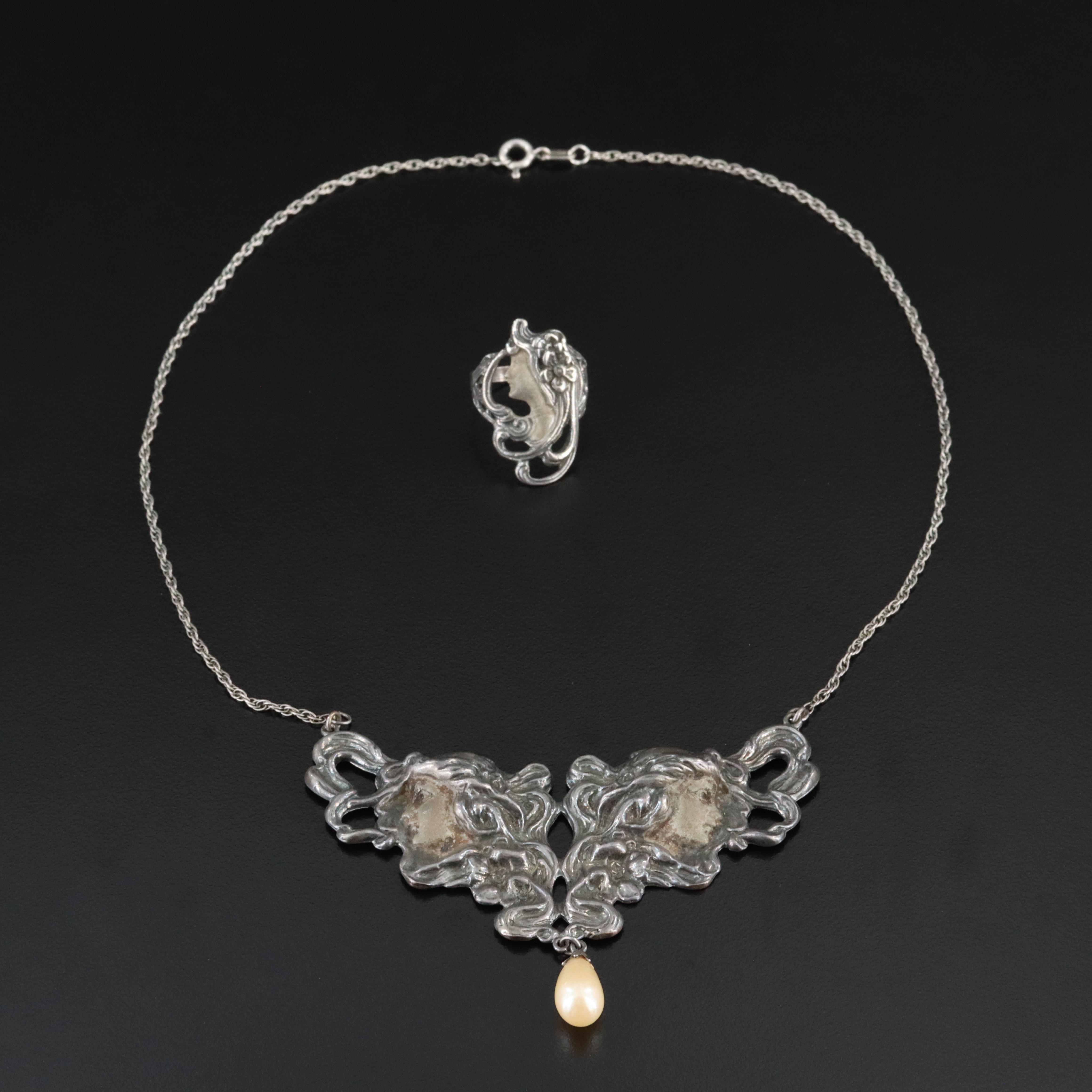 Art Nouveau Style Sterling Figural Necklace and Ring