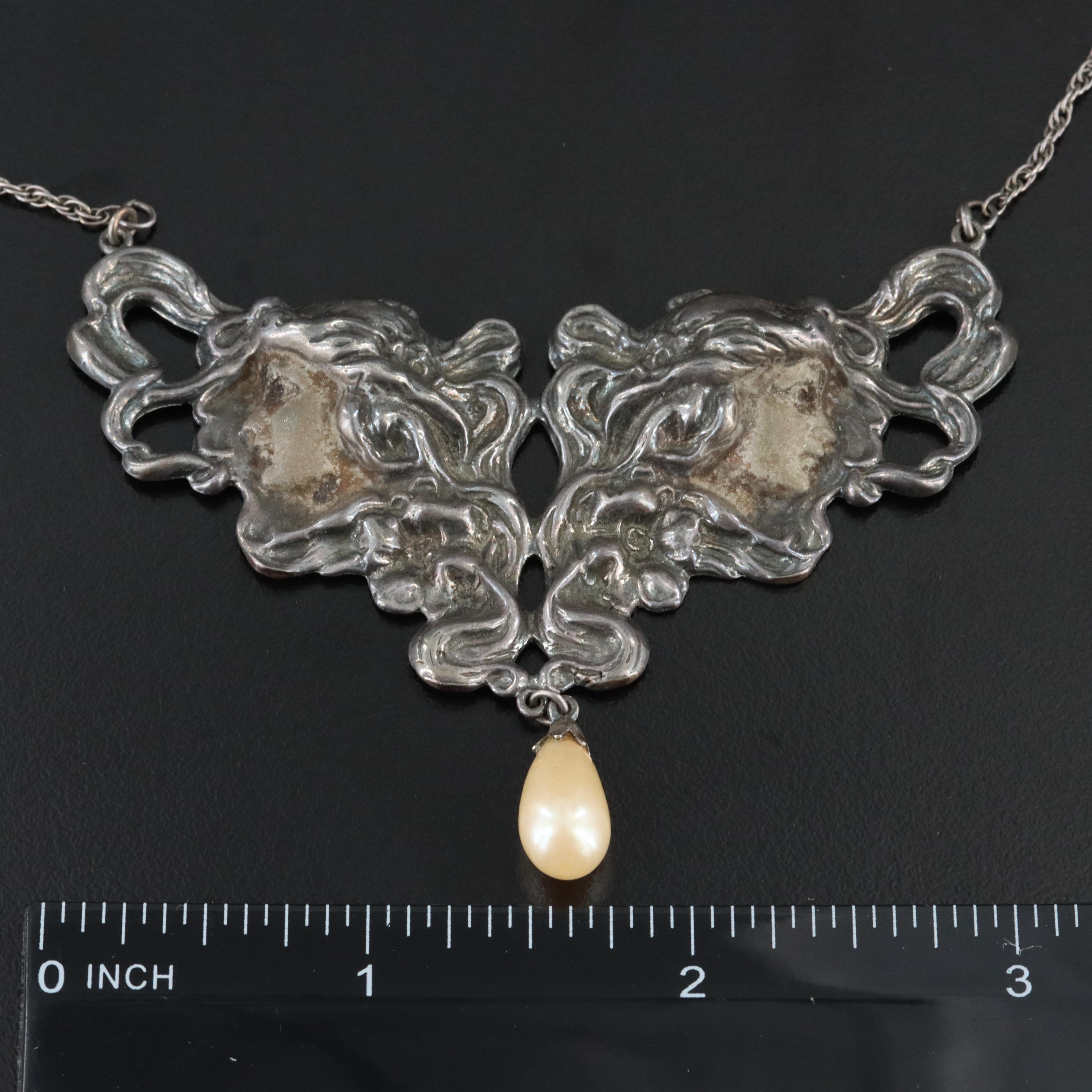 Art Nouveau Style Sterling Figural Necklace and Ring