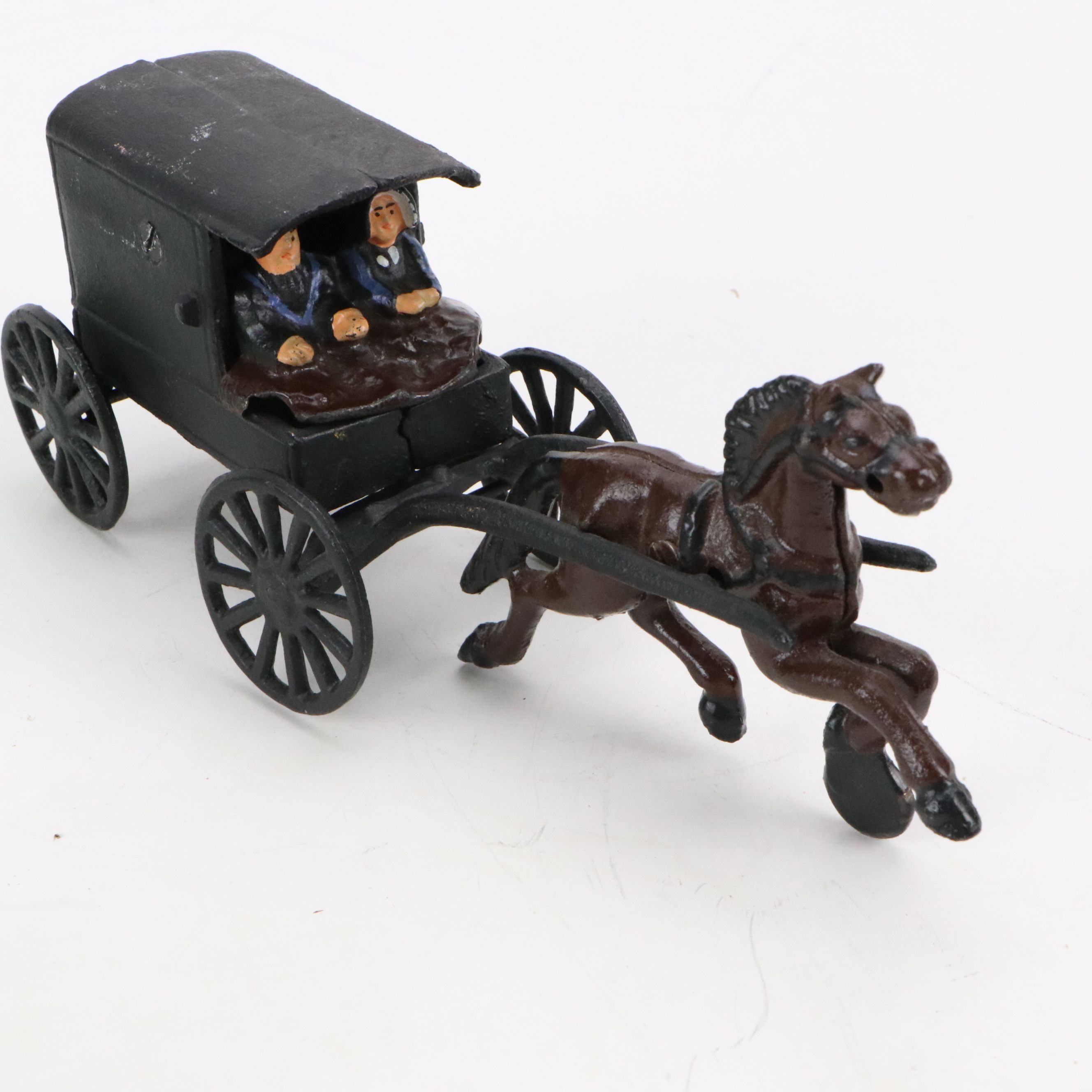 Polychrome Cast Iron Carriage, Reuge Clown Music Box, and Souvenir Coin Bank