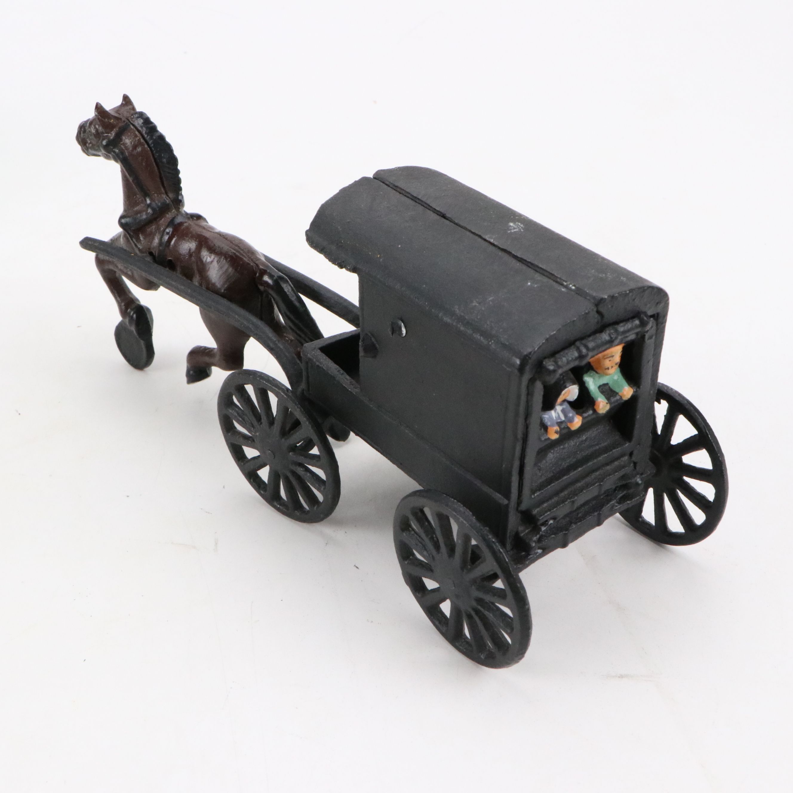 Polychrome Cast Iron Carriage, Reuge Clown Music Box, and Souvenir Coin Bank