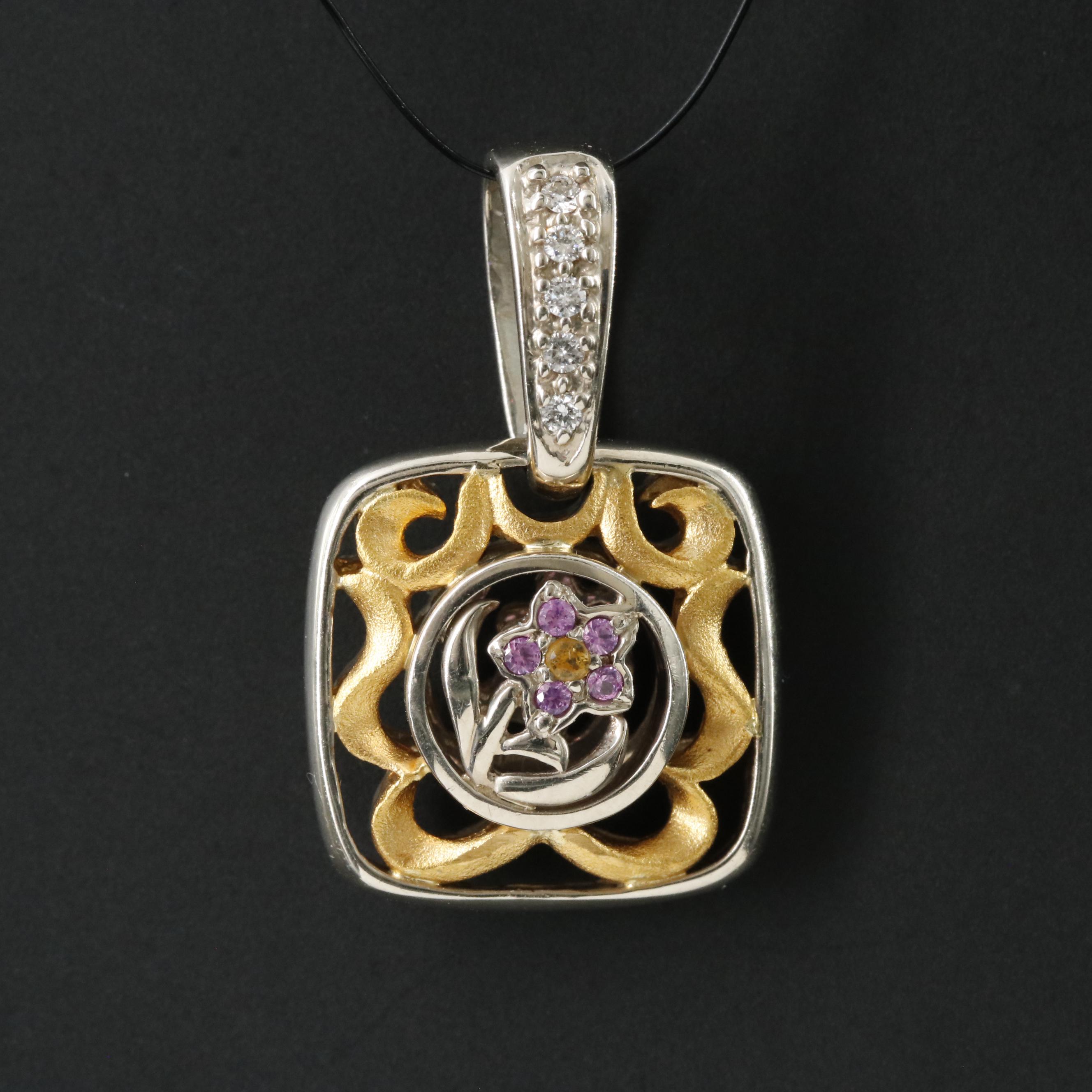 14K Yellow and Pink Sapphire and Diamond Floral Pendant with 24K Accent