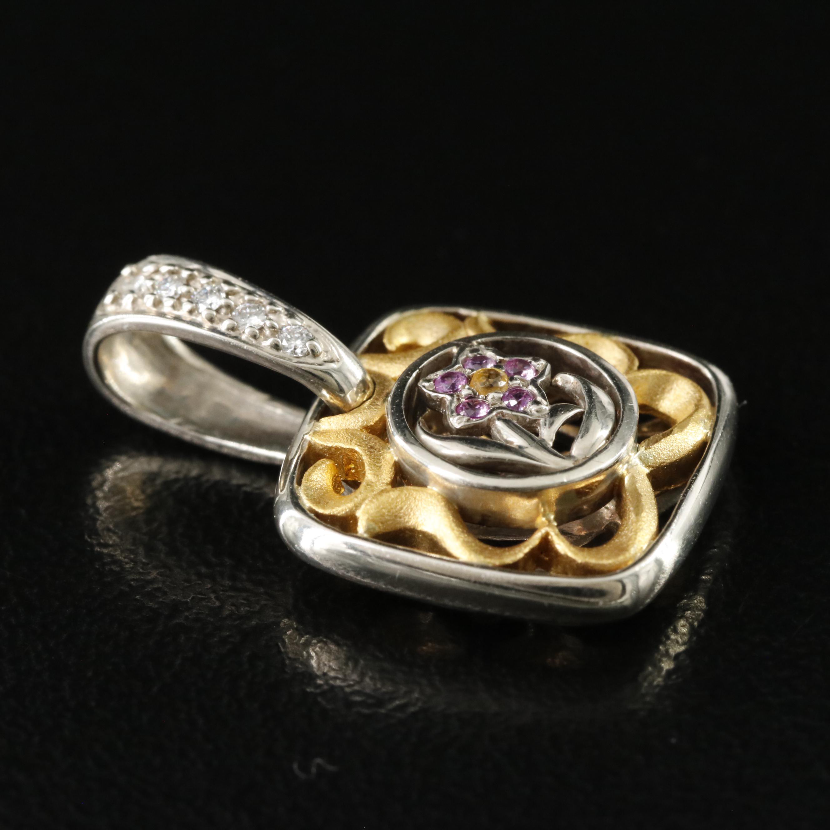 14K Yellow and Pink Sapphire and Diamond Floral Pendant with 24K Accent