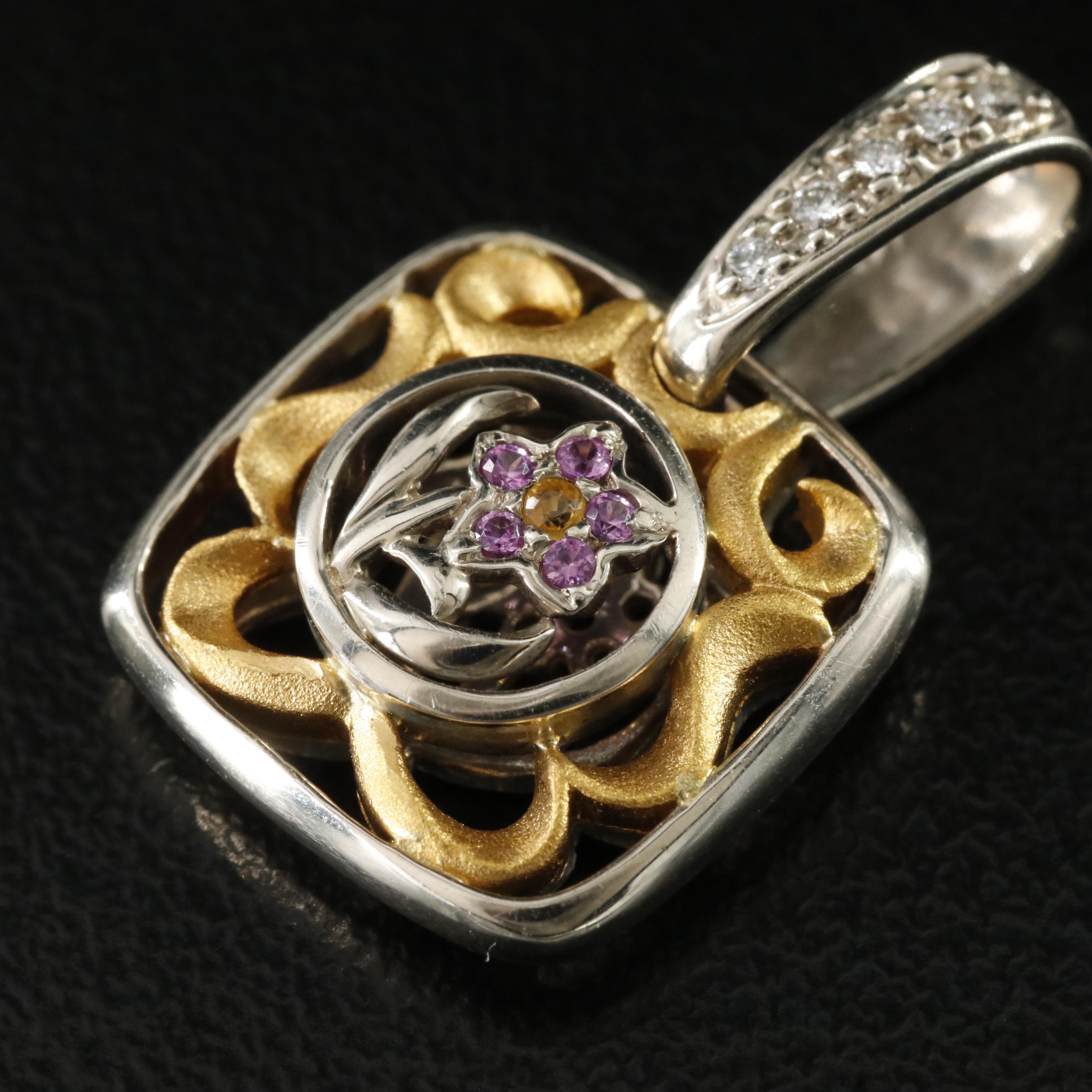 14K Yellow and Pink Sapphire and Diamond Floral Pendant with 24K Accent
