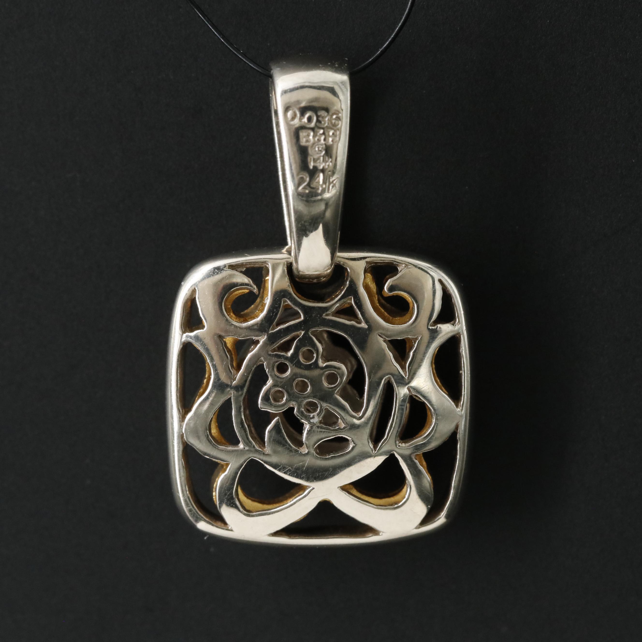 14K Yellow and Pink Sapphire and Diamond Floral Pendant with 24K Accent