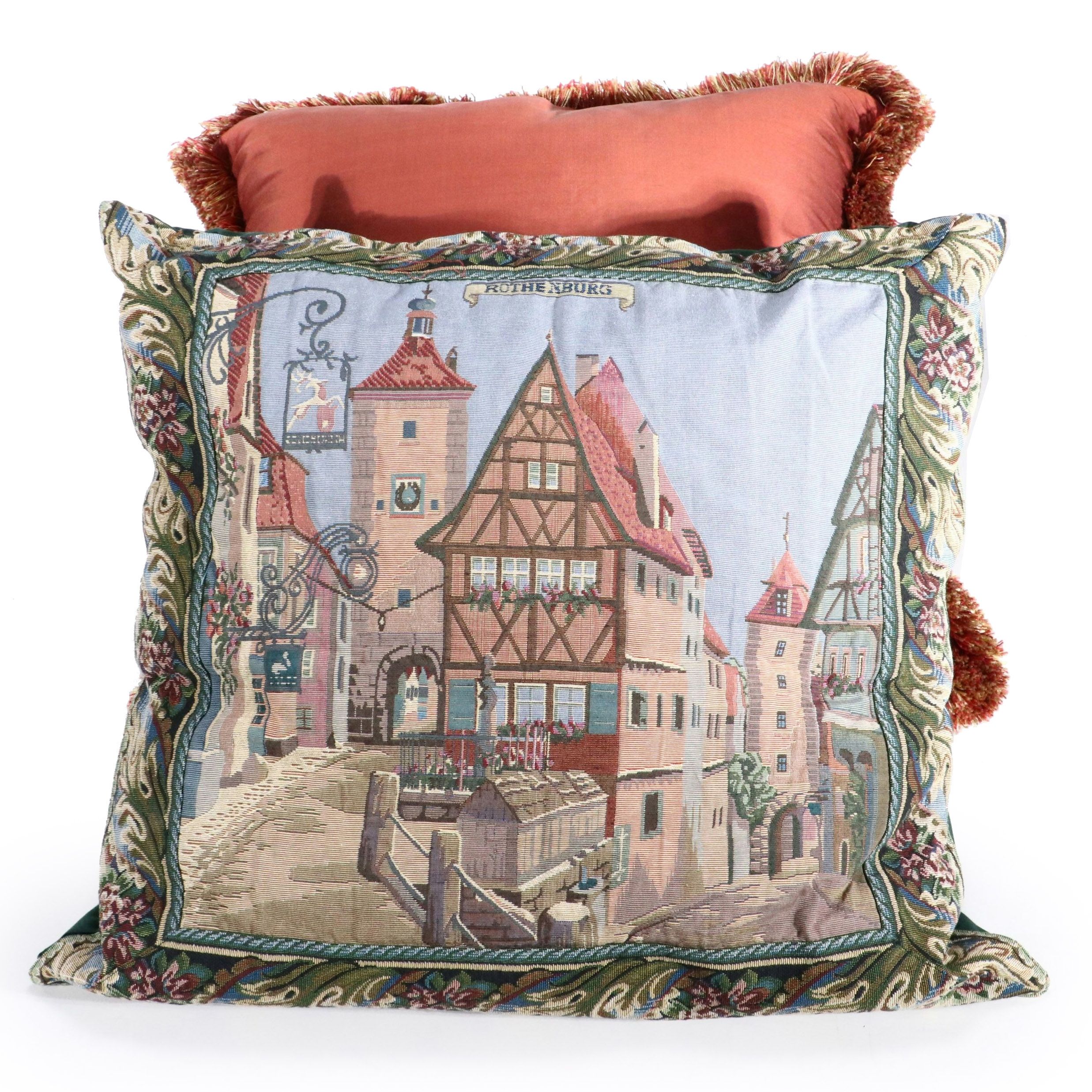 Tapestry Style Rothenburg and Red Fringe Throw Pillows