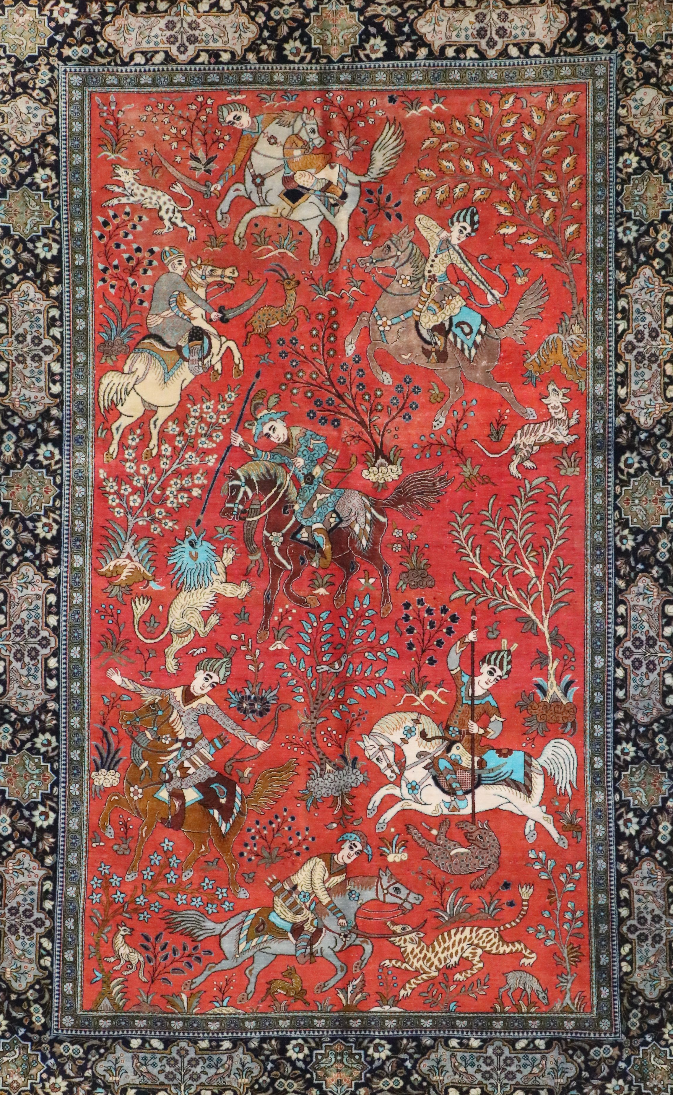 4'9 x 7'8 Hand-Knotted Persian Silk Pictorial Hunt Scene Area Rug