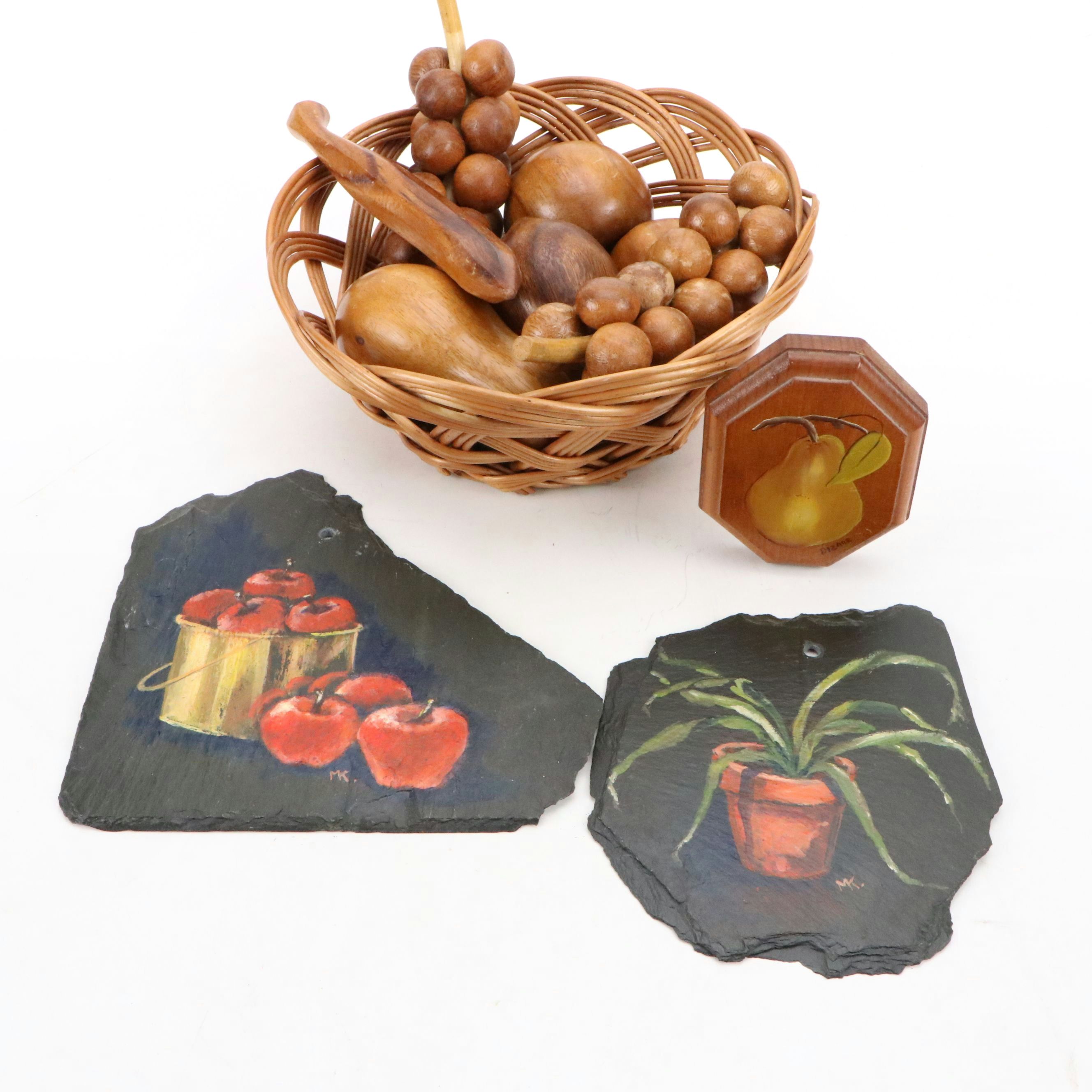 Wood Fruit in Basket with Fruit Paintings on Wood and Slate