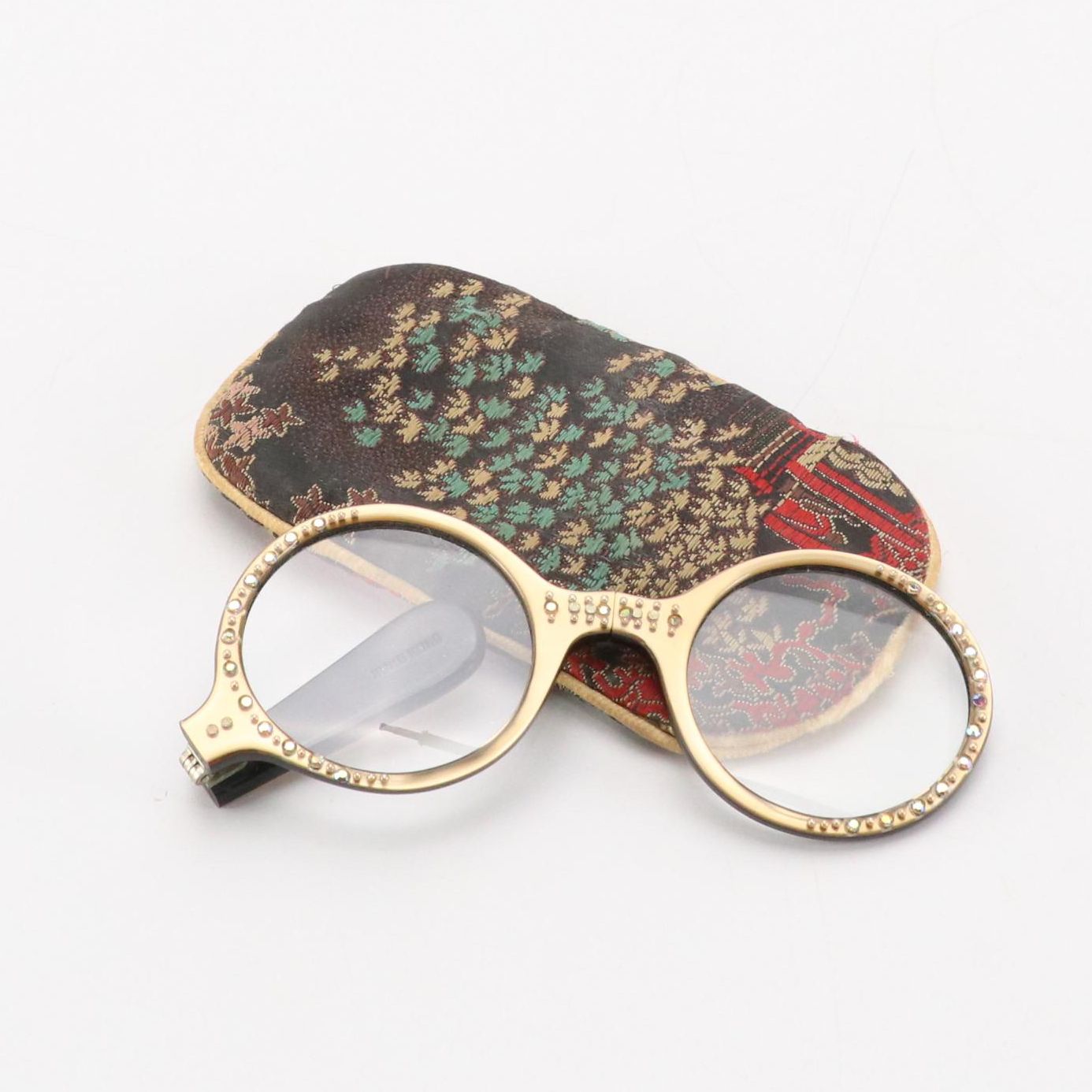Folding Lorgnette Rhinestone Readers with Silk Jacquard Soft Case