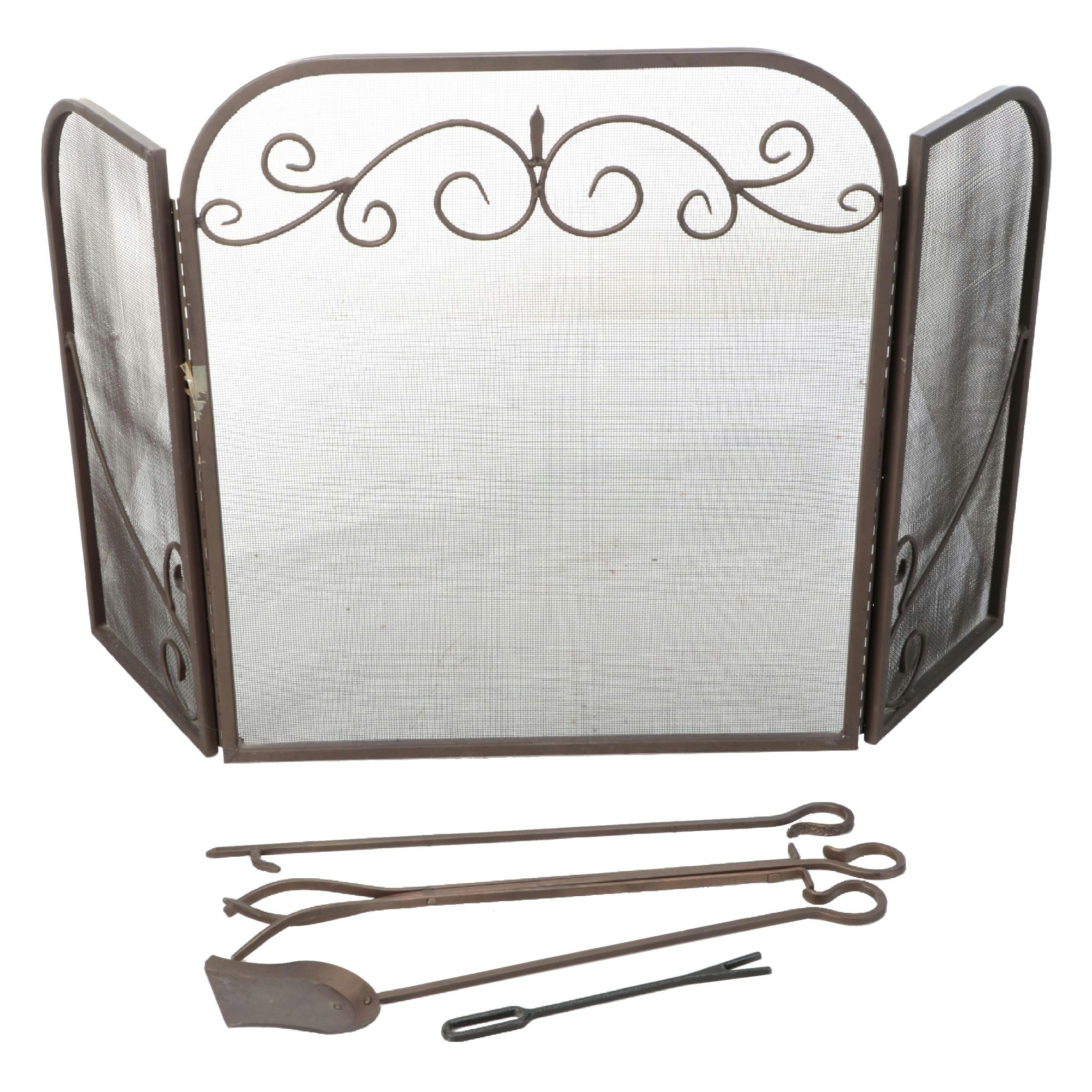 Metal Fireplace Screen and Fireplace Tools