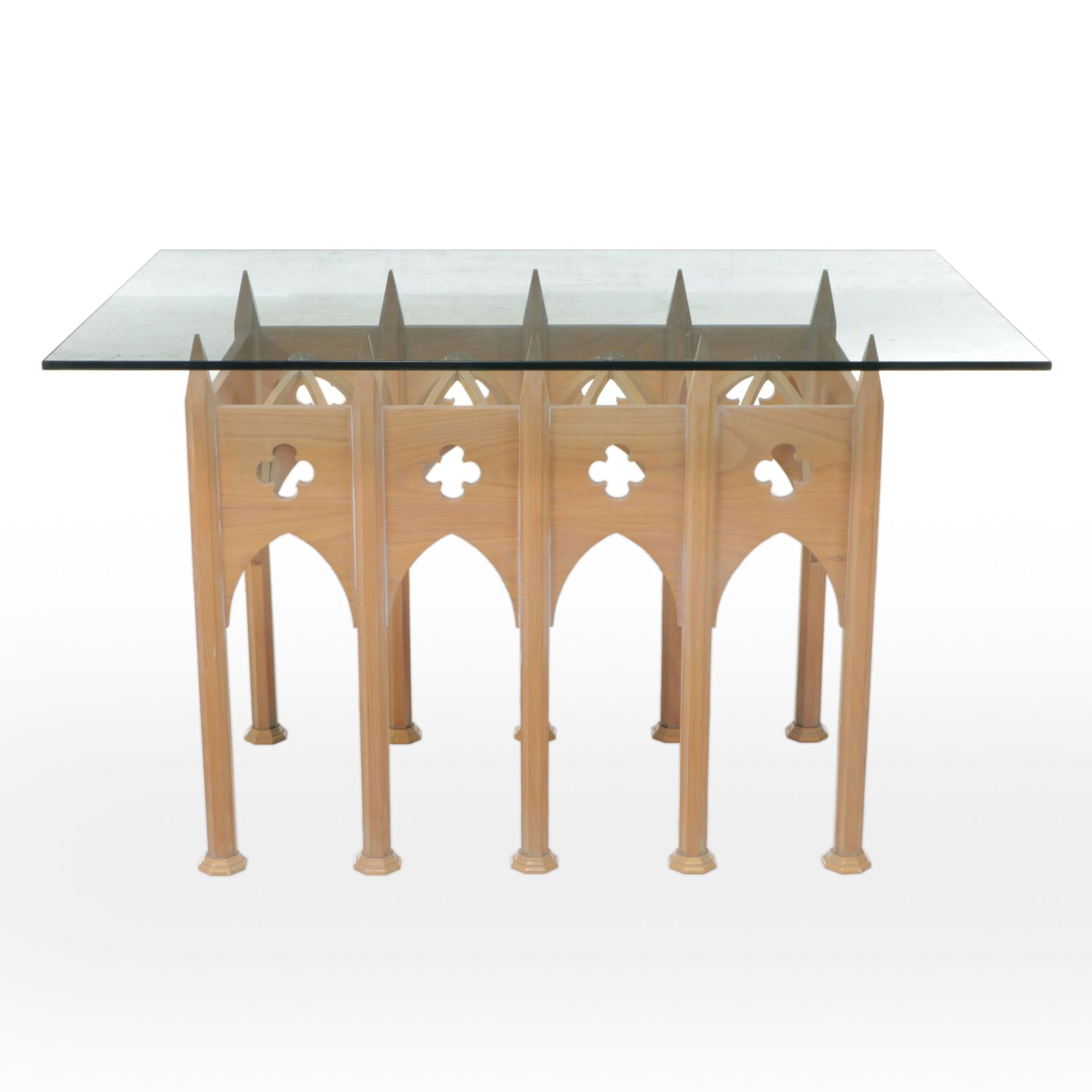 Gothic Style Natural Finish Table with Glass Top