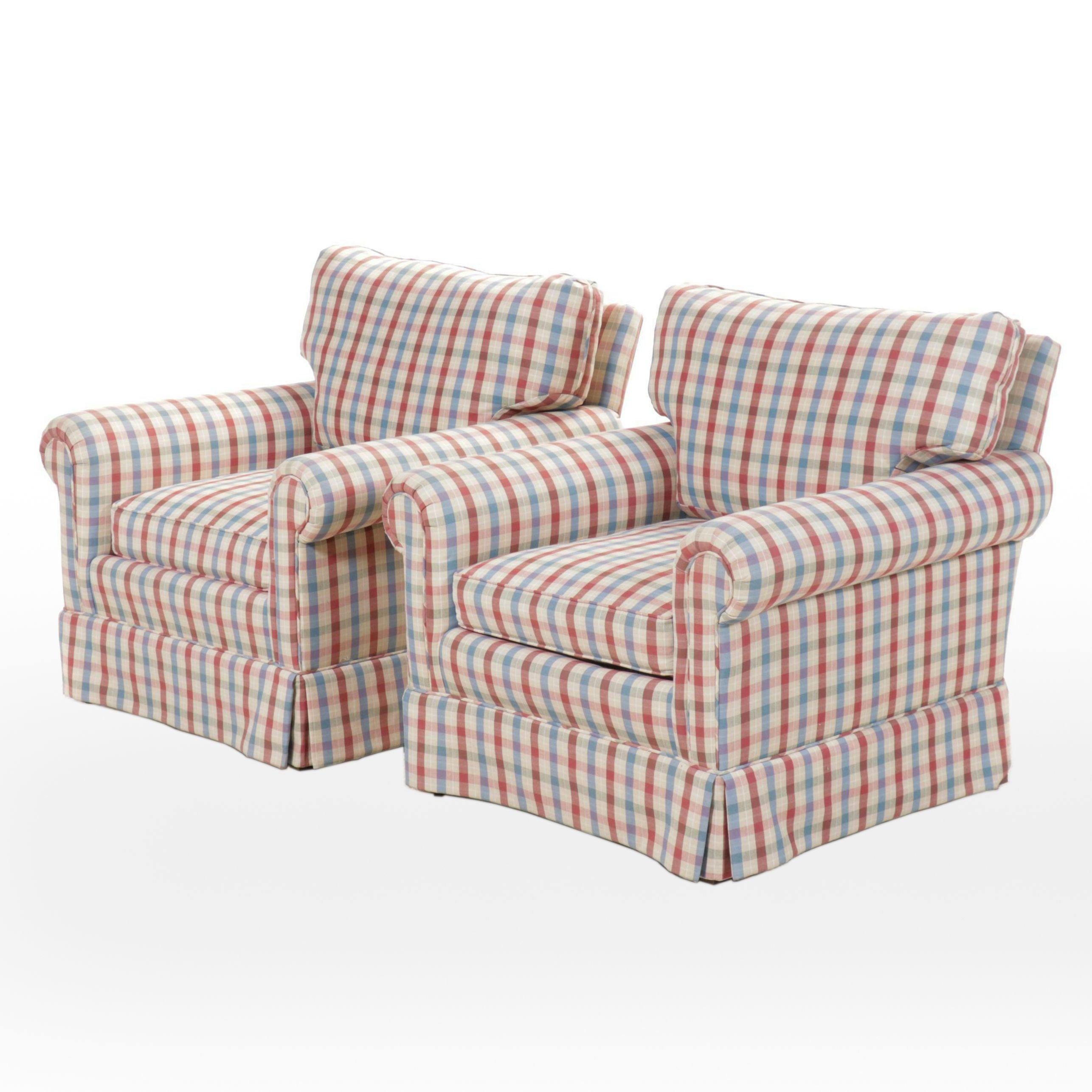 Pair of Plaid Fabric Upholstered Roll Arm Club Chairs