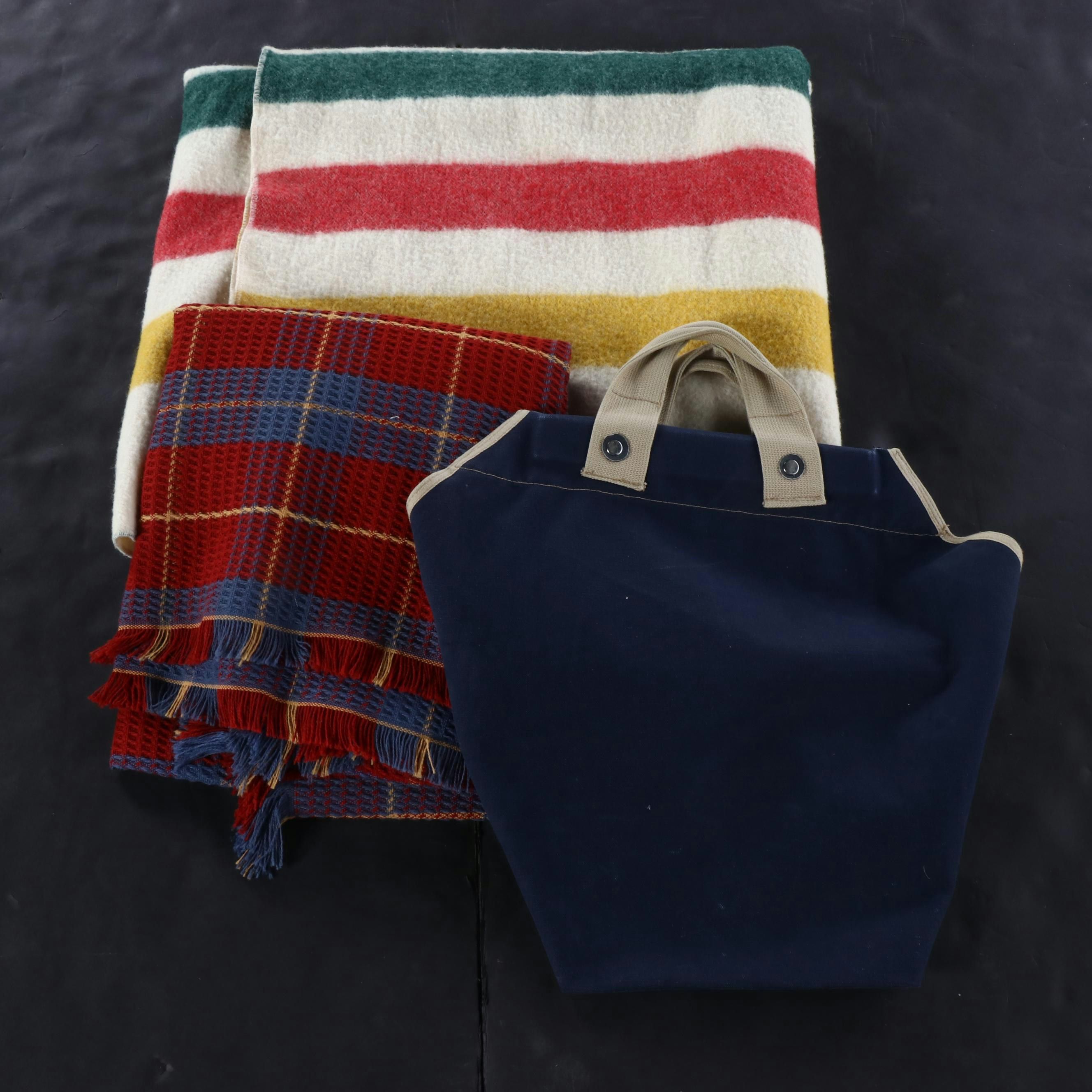 L.L. Bean Hudson Bay Style Wool Blanket with Other Plaid Blanket and Tote