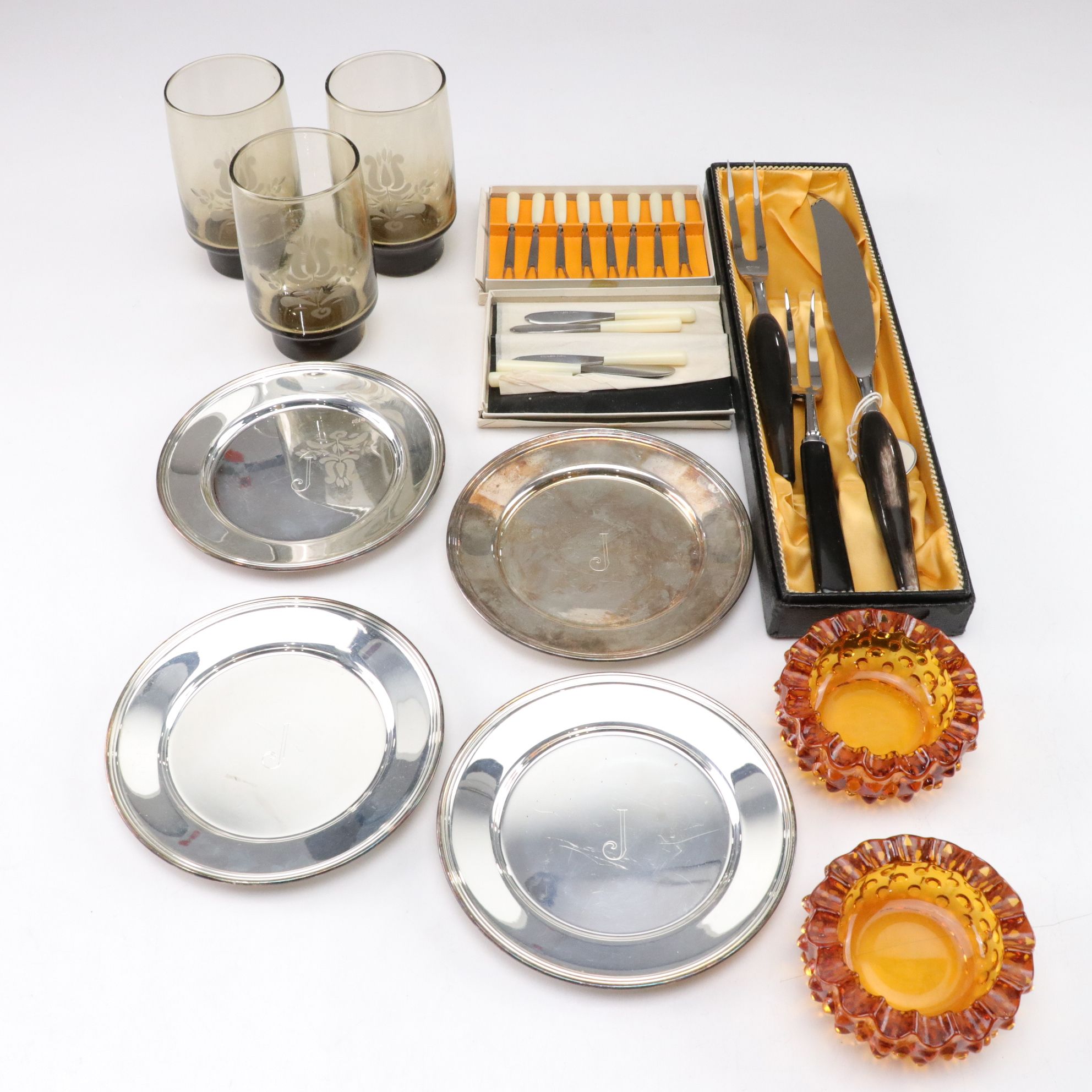 Mid Century Modern Stainless Steel Utensils with Amber Hobnail Ashtrays & More