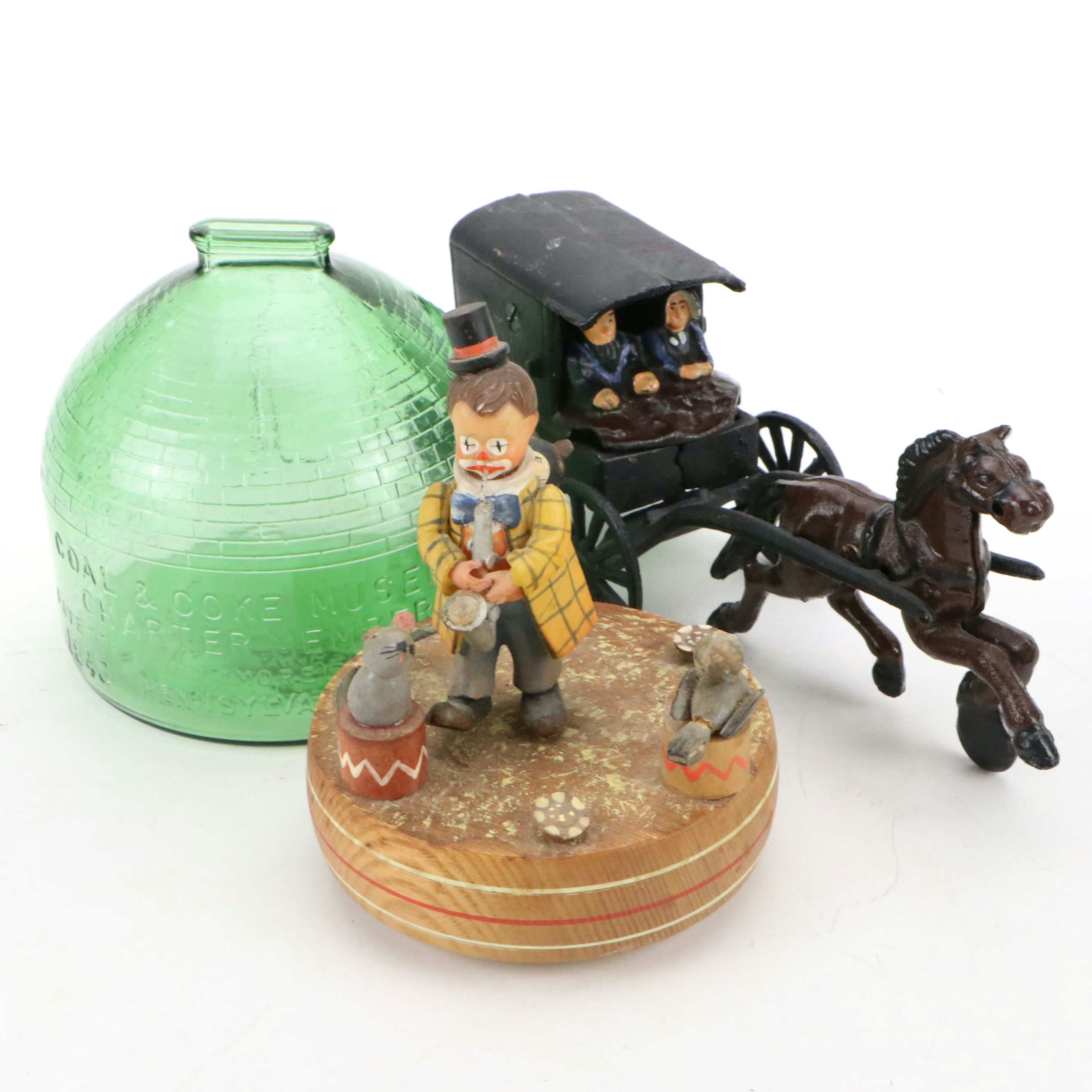 Polychrome Cast Iron Carriage, Reuge Clown Music Box, and Souvenir Coin Bank