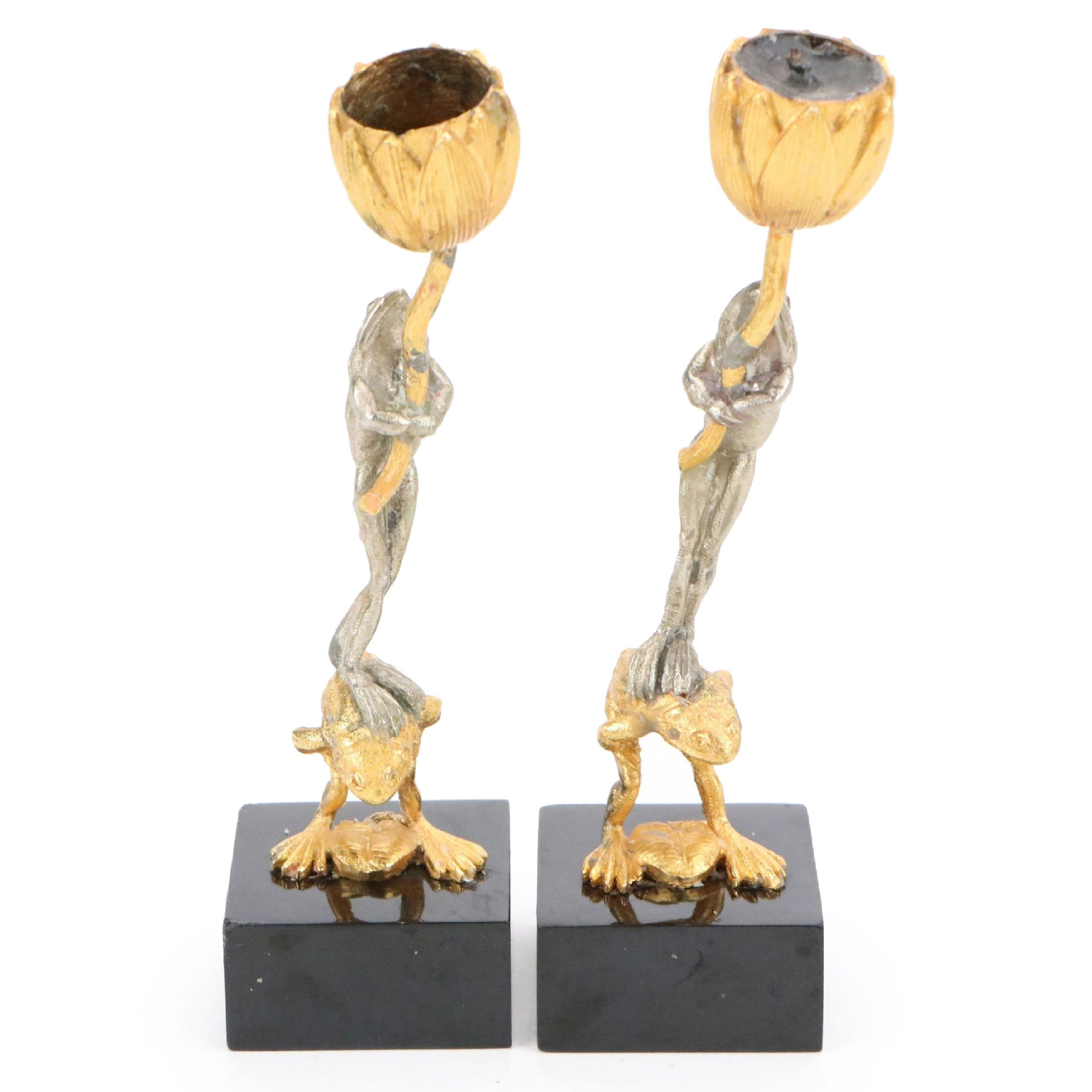 Gold and Silver Tone Frog and Tulip Candlesticks