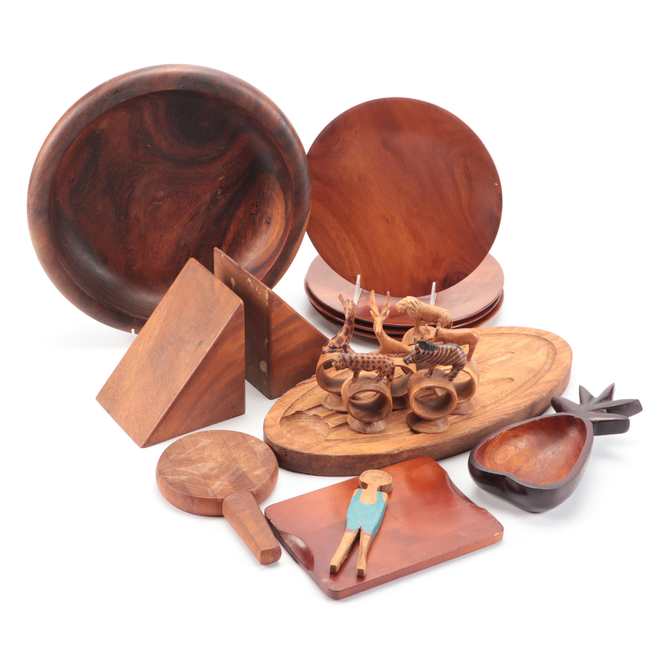 Hand-Carved Polished Wooden Salad Bowl with Napkin Rings and Other Accessories