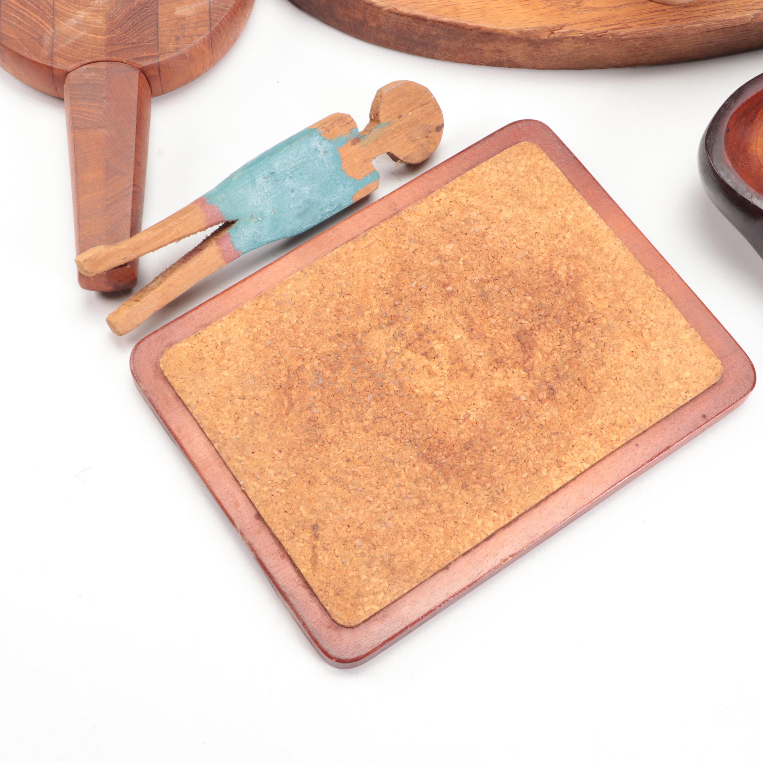 Hand-Carved Polished Wooden Salad Bowl with Napkin Rings and Other Accessories