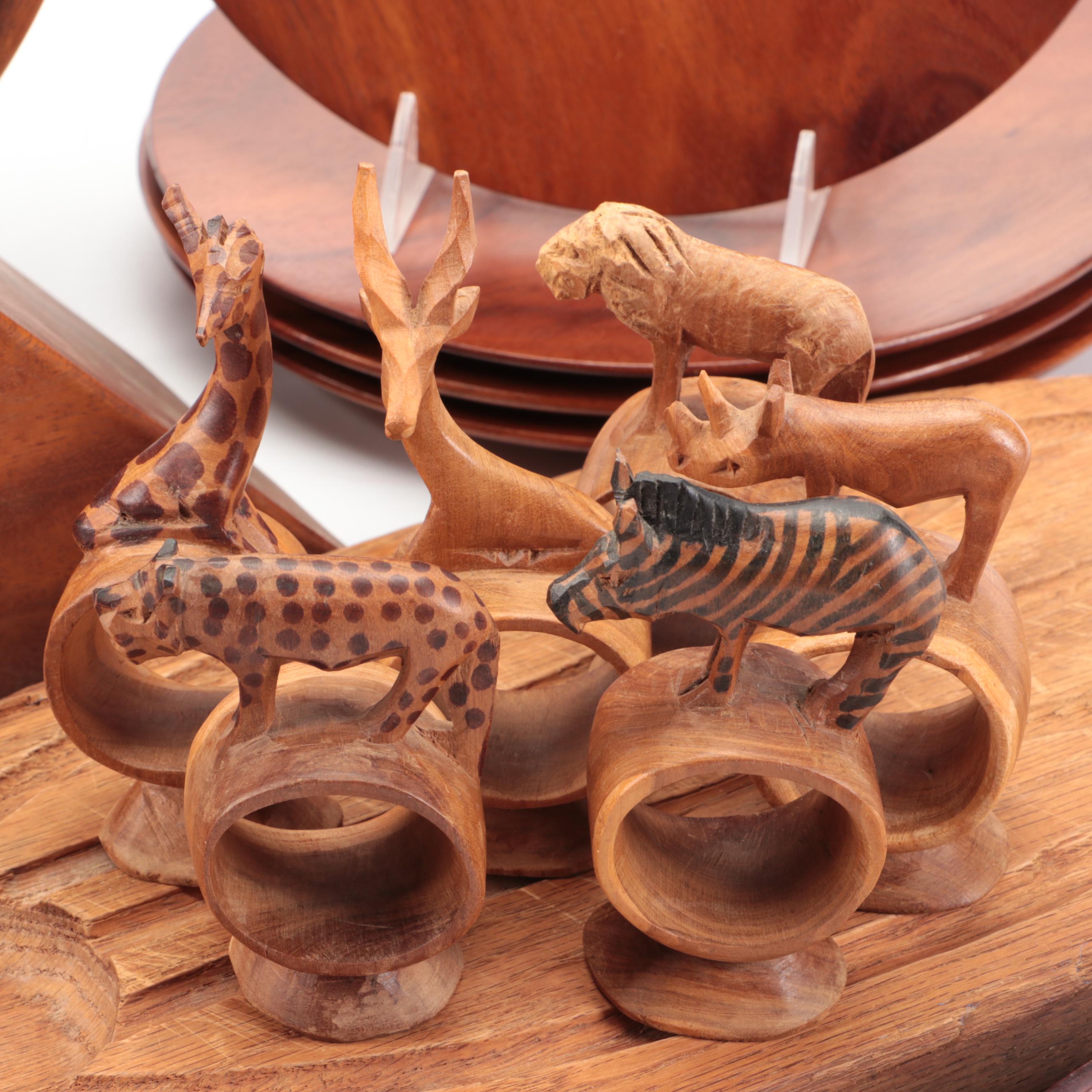 Hand-Carved Polished Wooden Salad Bowl with Napkin Rings and Other Accessories