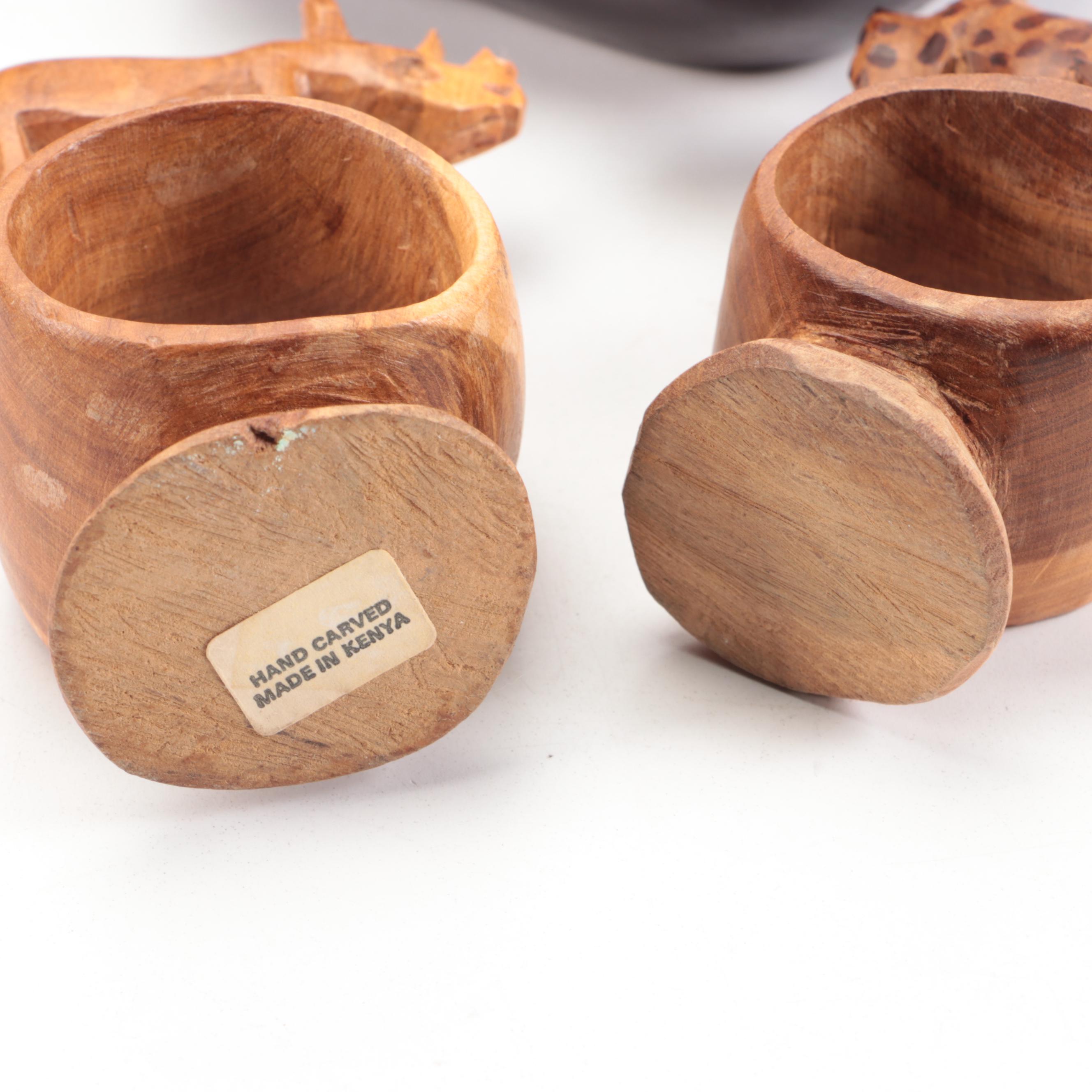 Hand-Carved Polished Wooden Salad Bowl with Napkin Rings and Other Accessories
