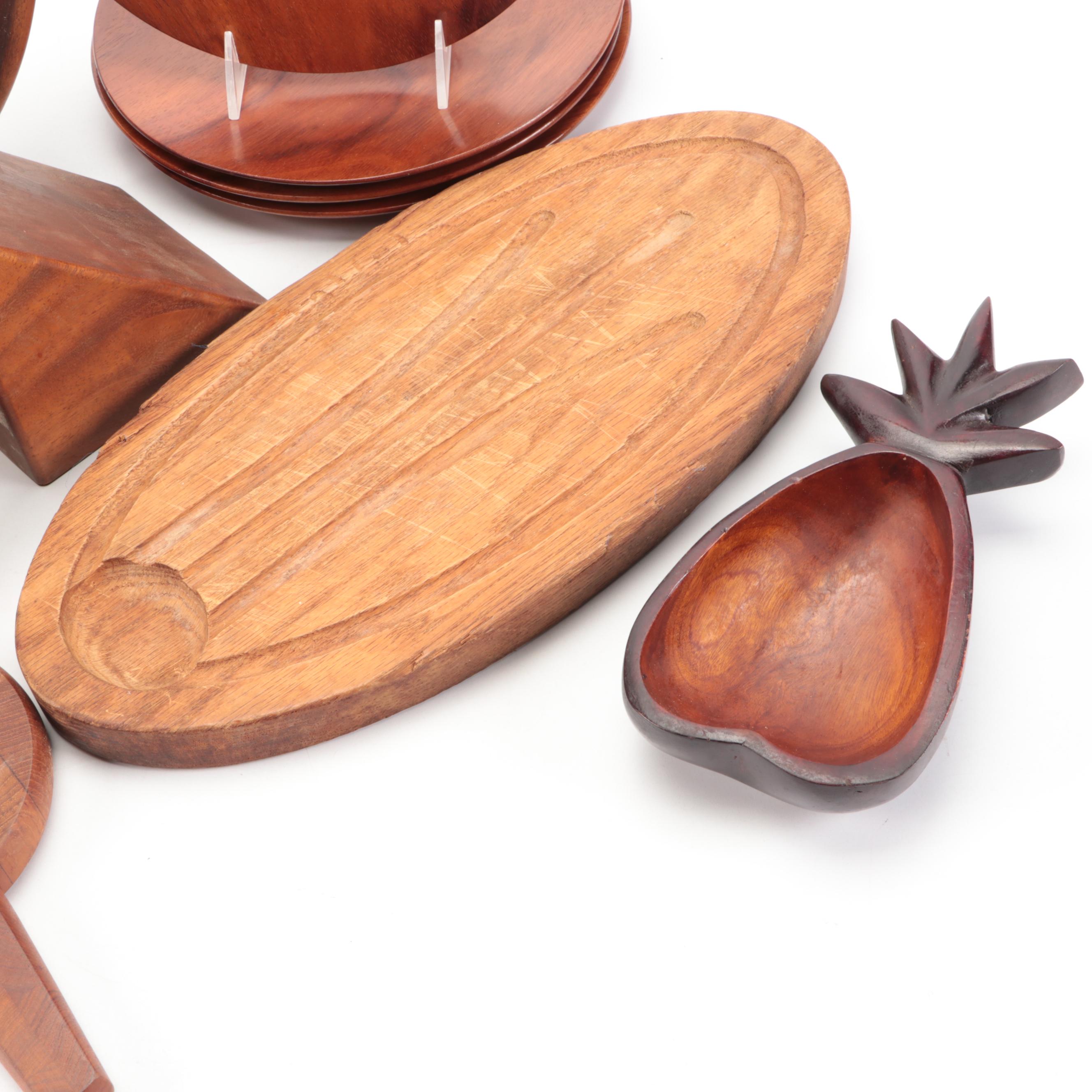 Hand-Carved Polished Wooden Salad Bowl with Napkin Rings and Other Accessories