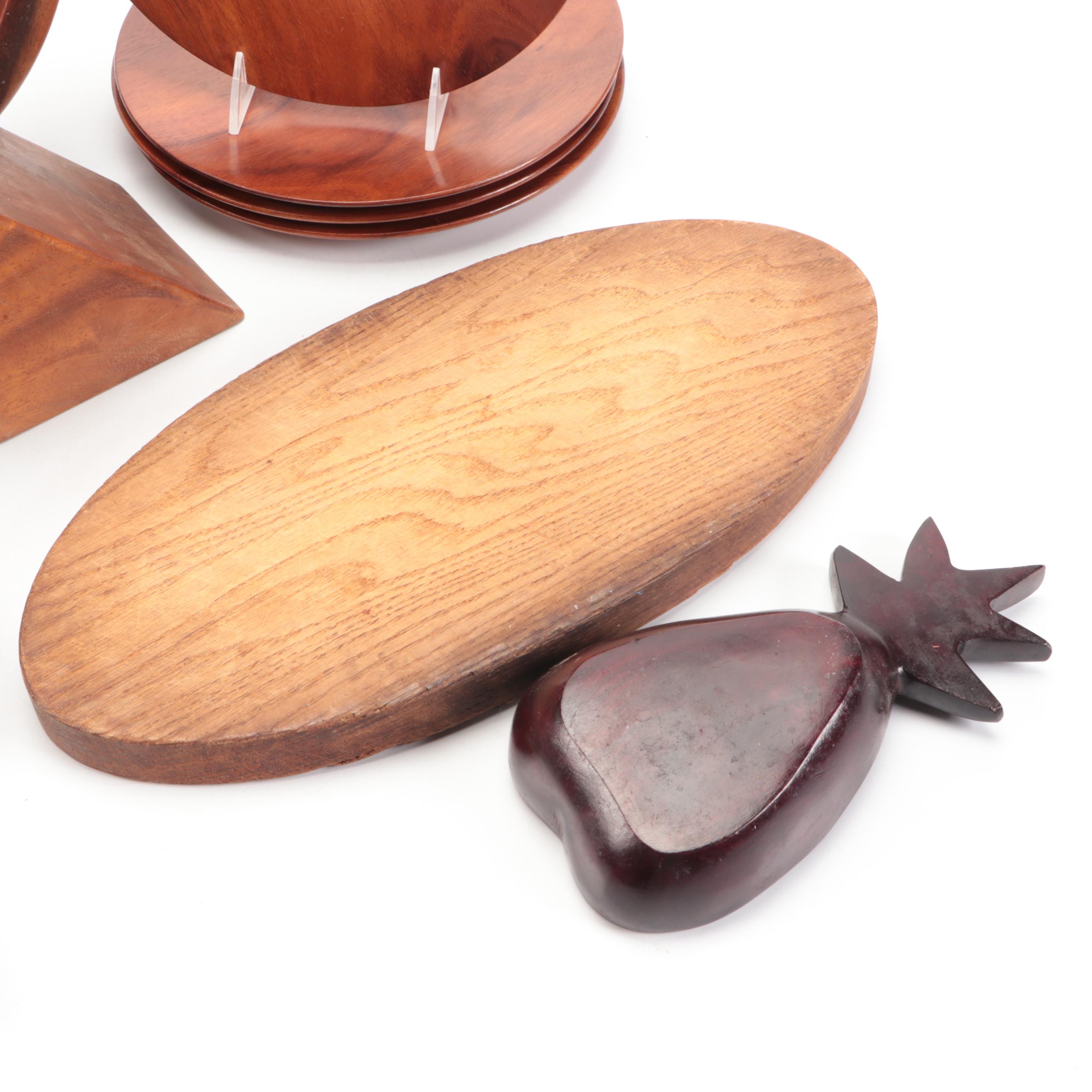 Hand-Carved Polished Wooden Salad Bowl with Napkin Rings and Other Accessories