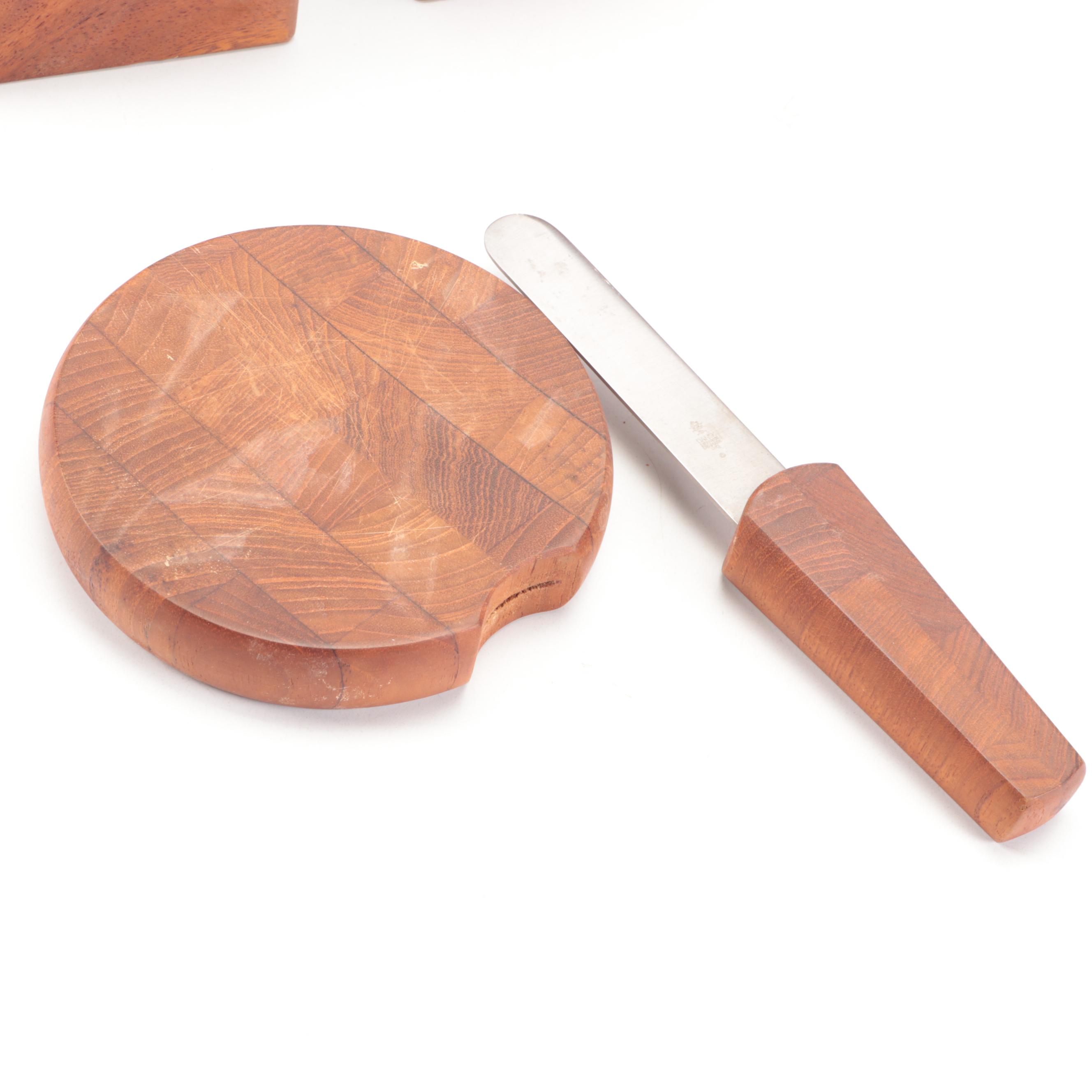 Hand-Carved Polished Wooden Salad Bowl with Napkin Rings and Other Accessories