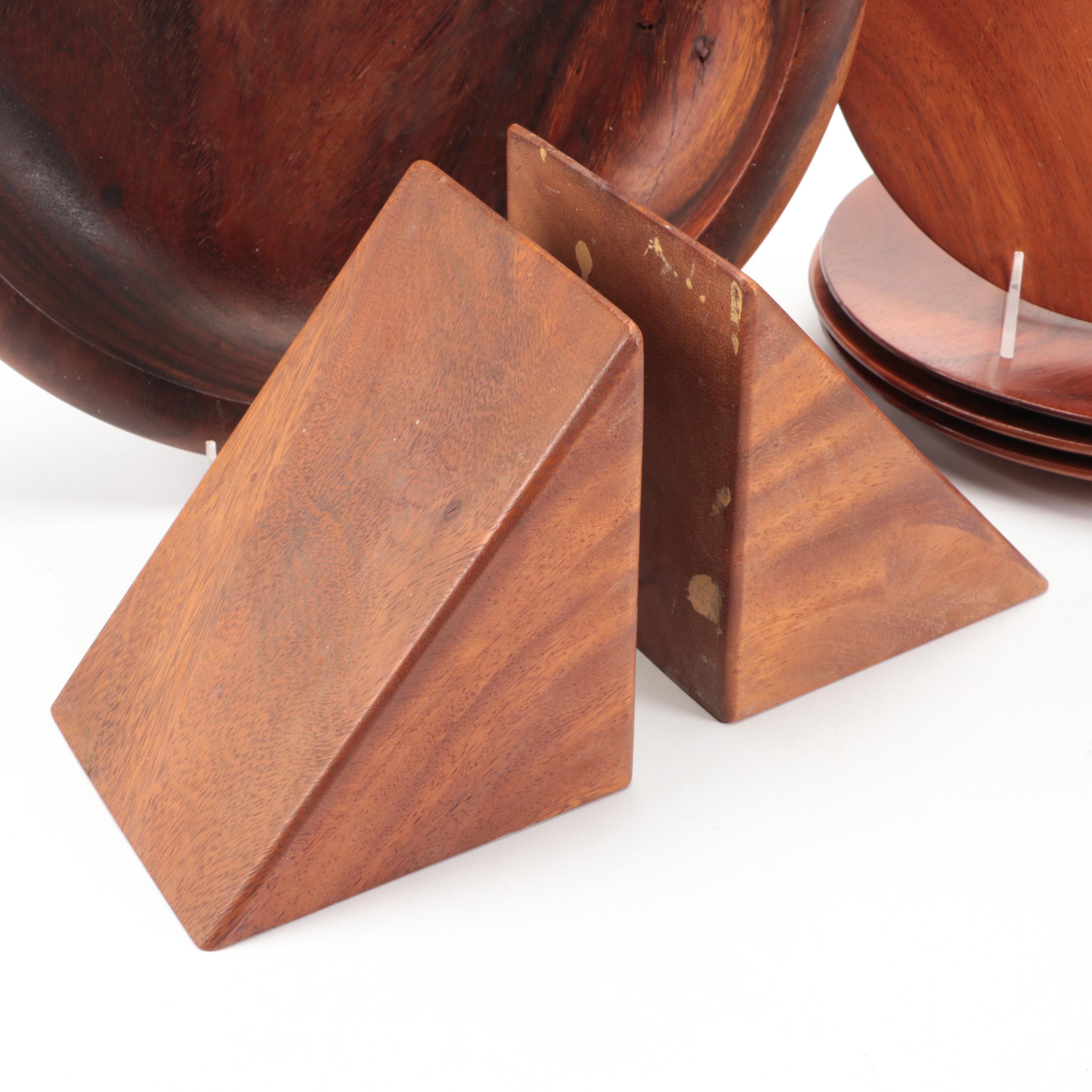Hand-Carved Polished Wooden Salad Bowl with Napkin Rings and Other Accessories