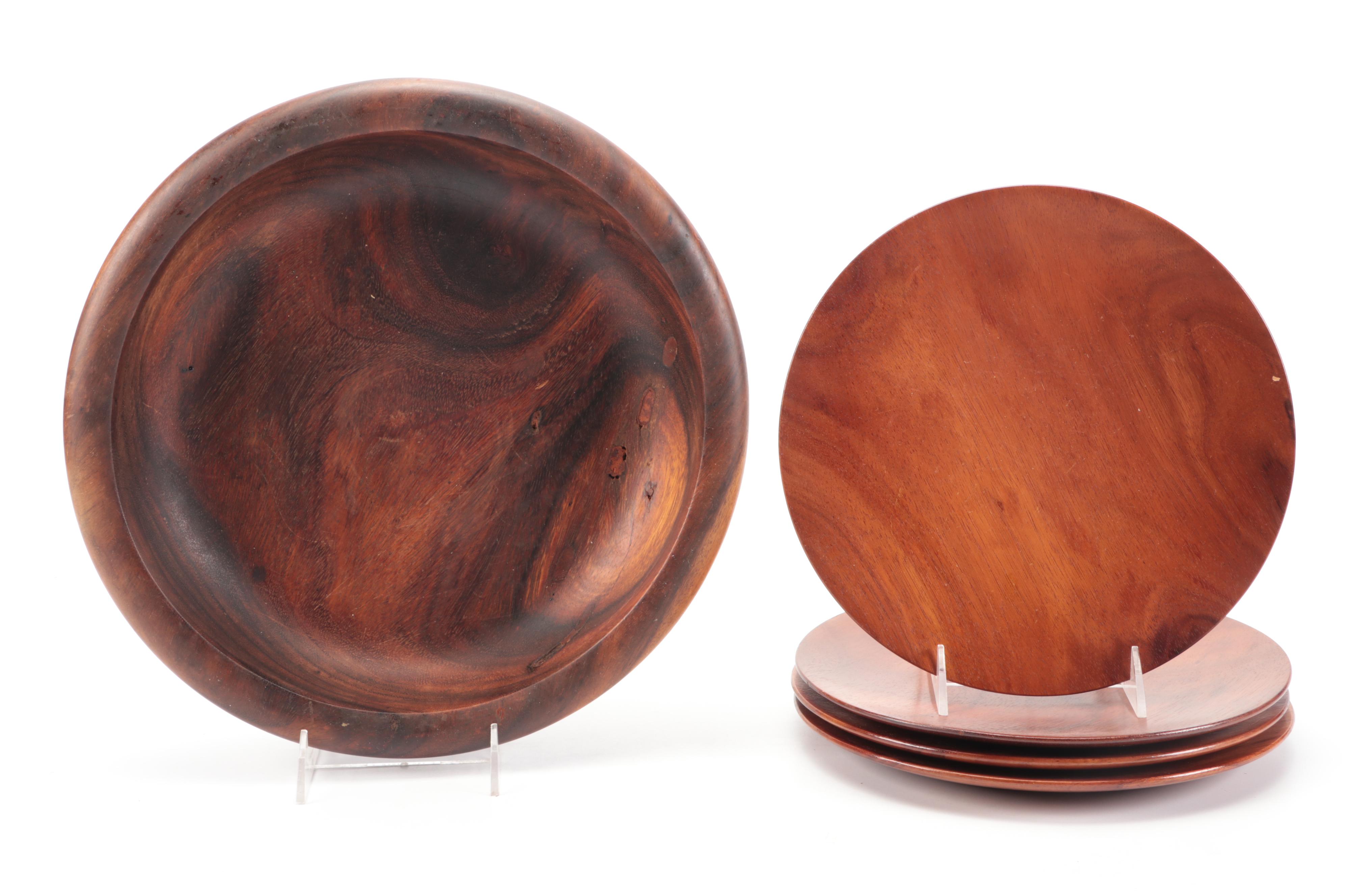Hand-Carved Polished Wooden Salad Bowl with Napkin Rings and Other Accessories