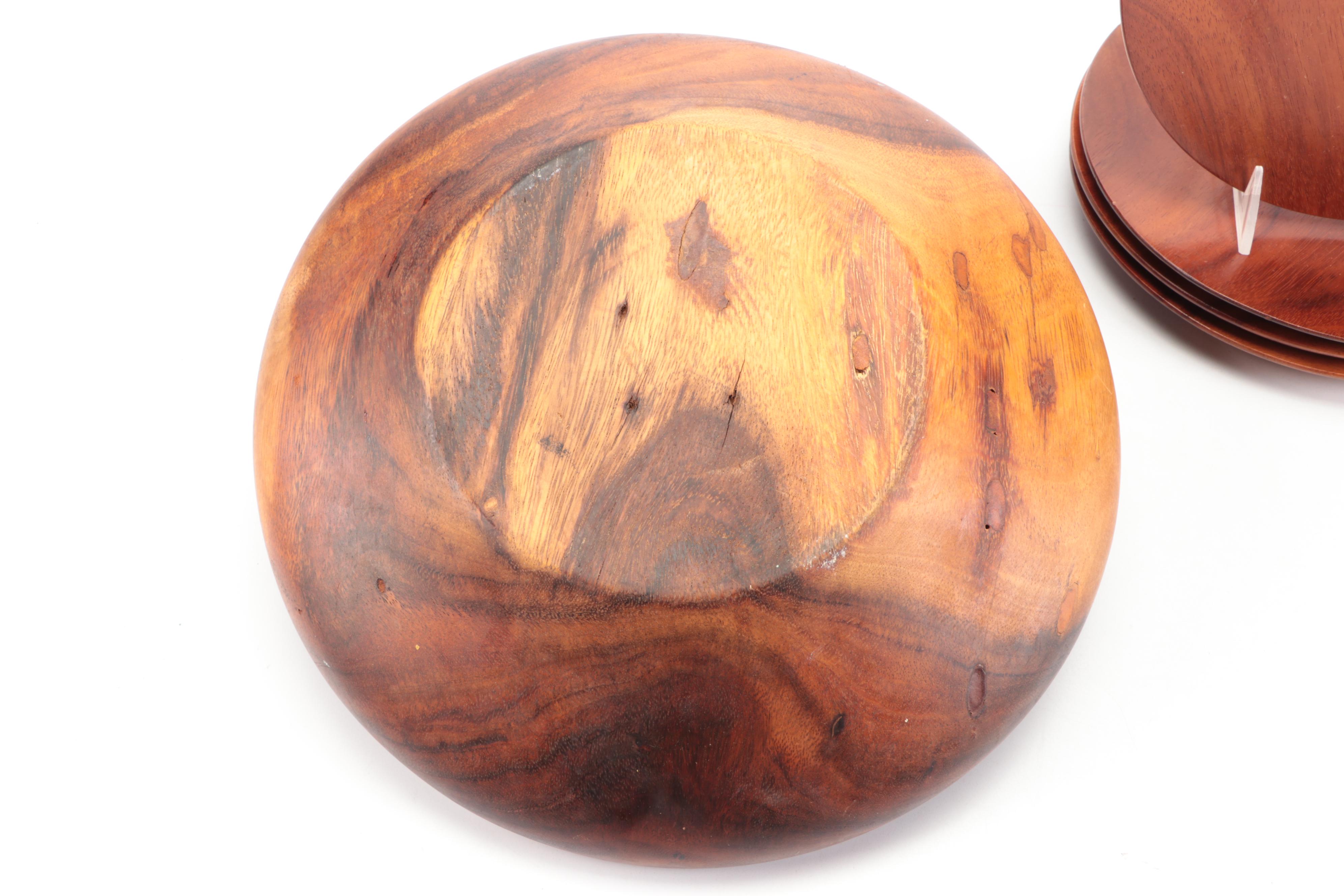 Hand-Carved Polished Wooden Salad Bowl with Napkin Rings and Other Accessories