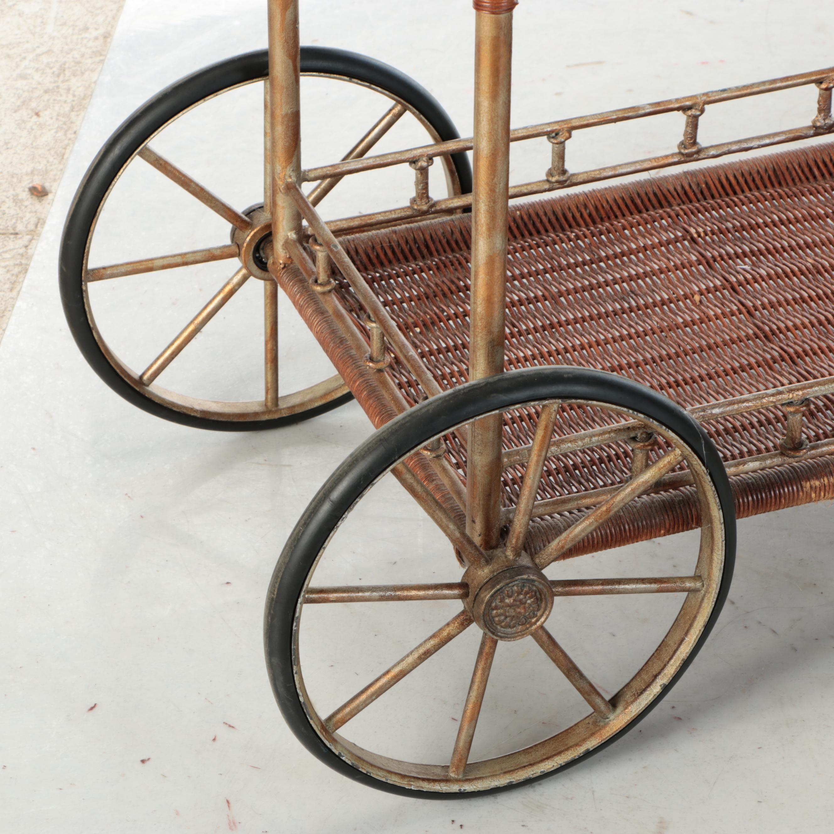 Vintage Glass Top Woven Wicker Bar Cart