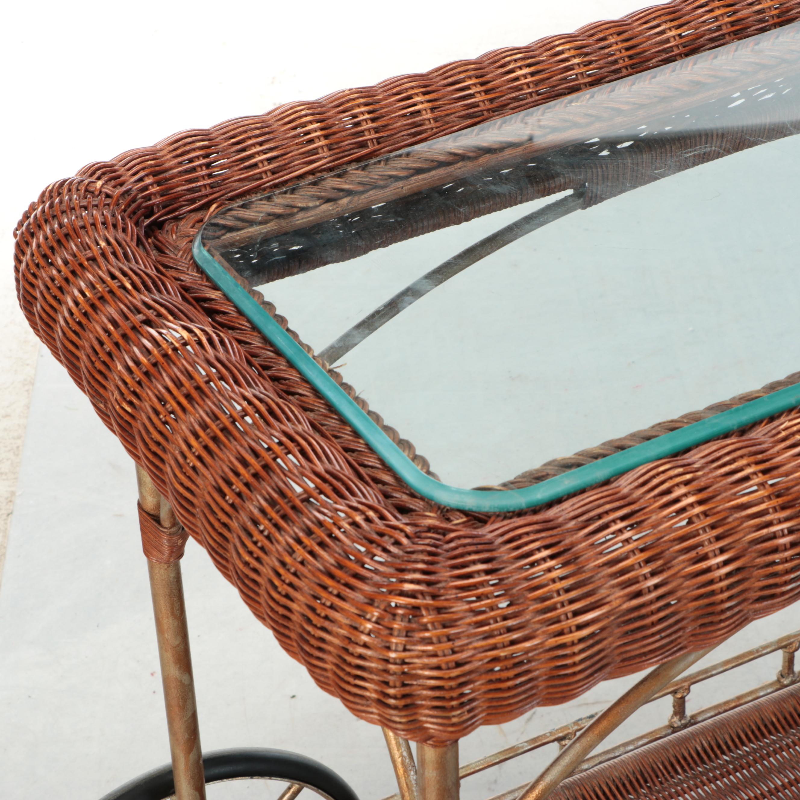 Vintage Glass Top Woven Wicker Bar Cart