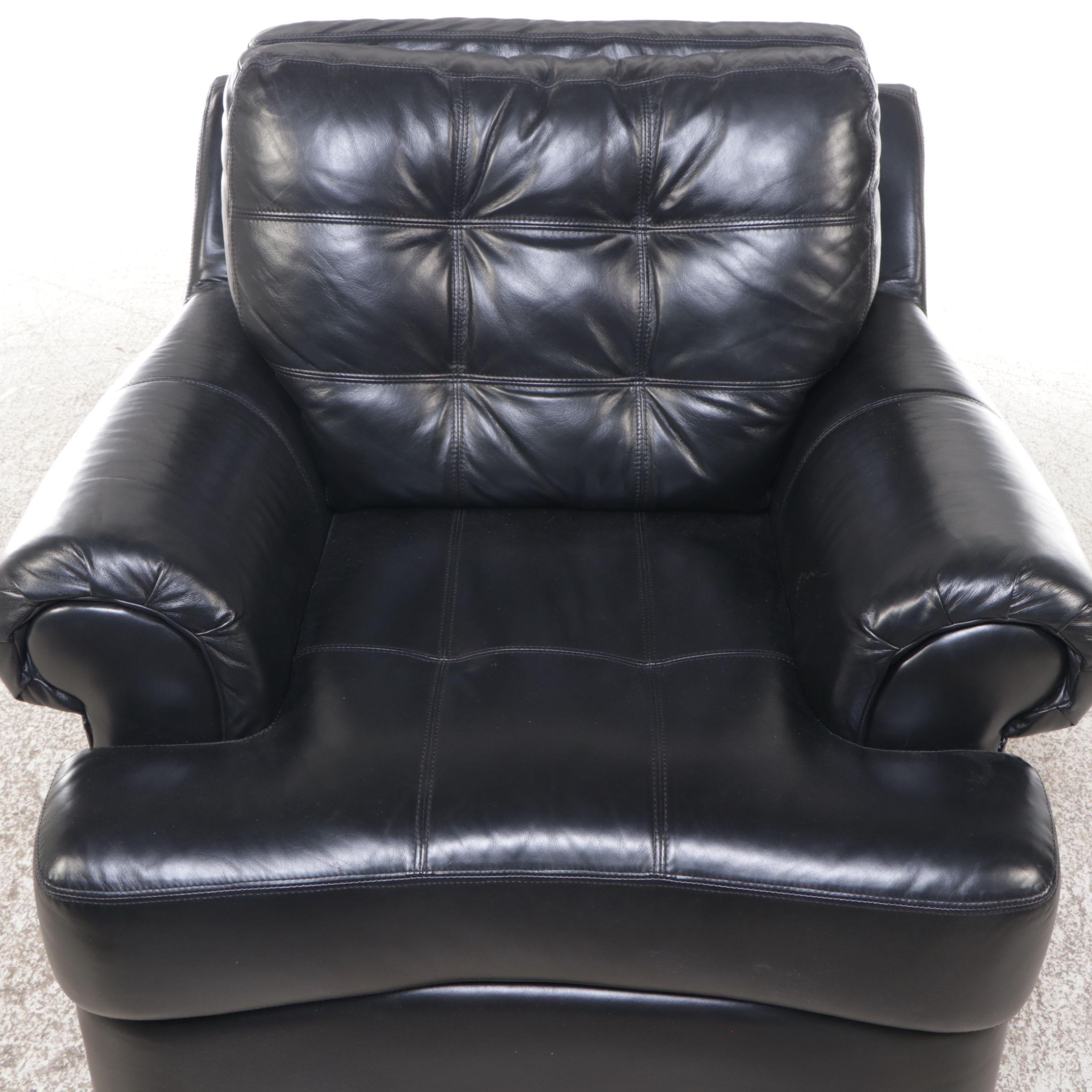 Contemporary Tufted Black Leather Armchair with Ottoman