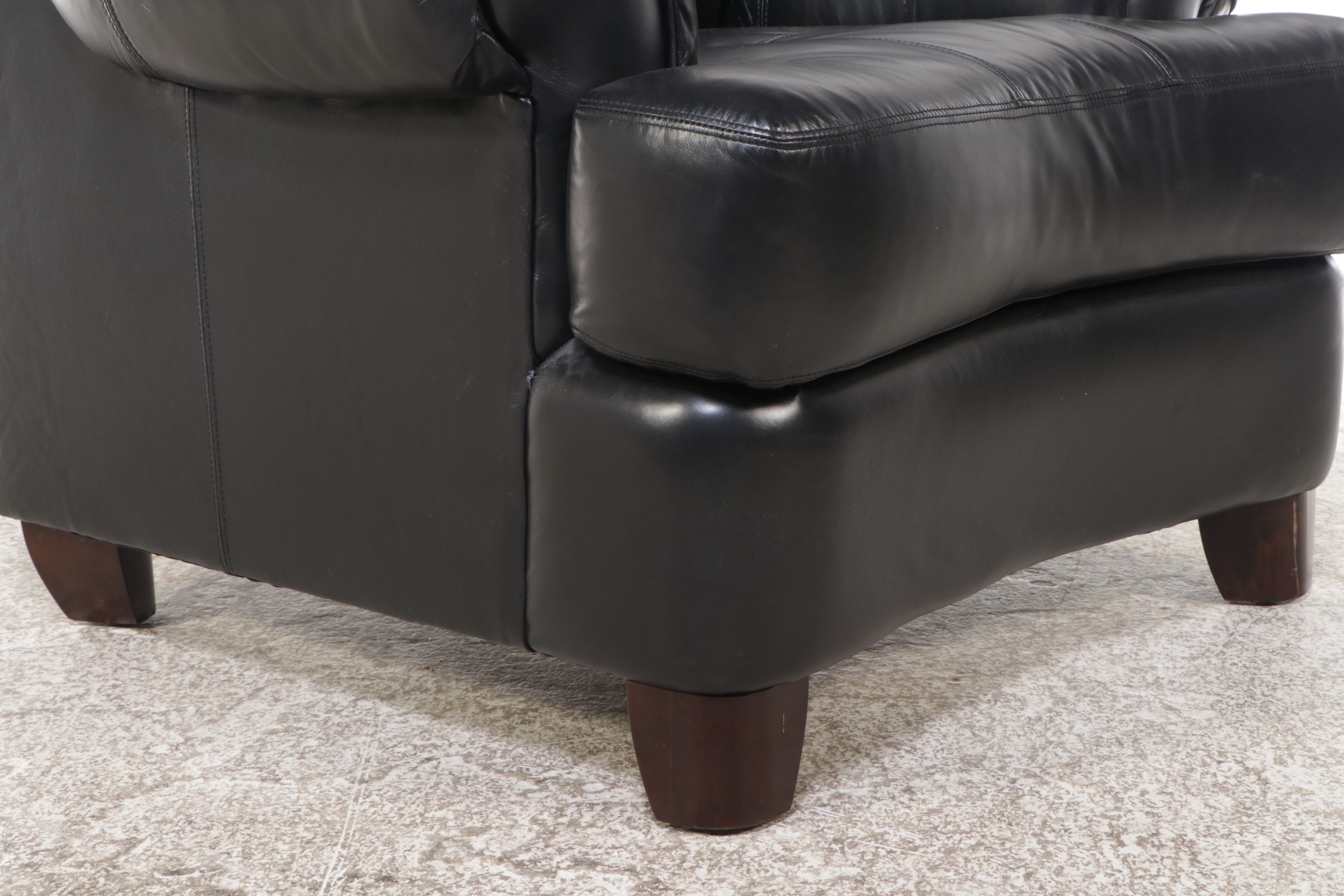 Contemporary Tufted Black Leather Armchair with Ottoman