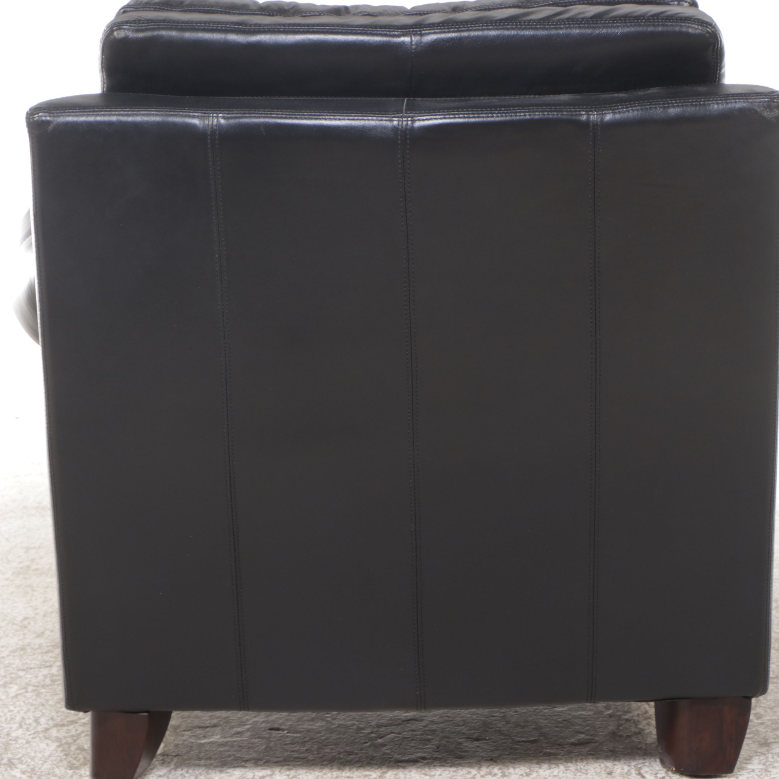 Contemporary Tufted Black Leather Armchair with Ottoman