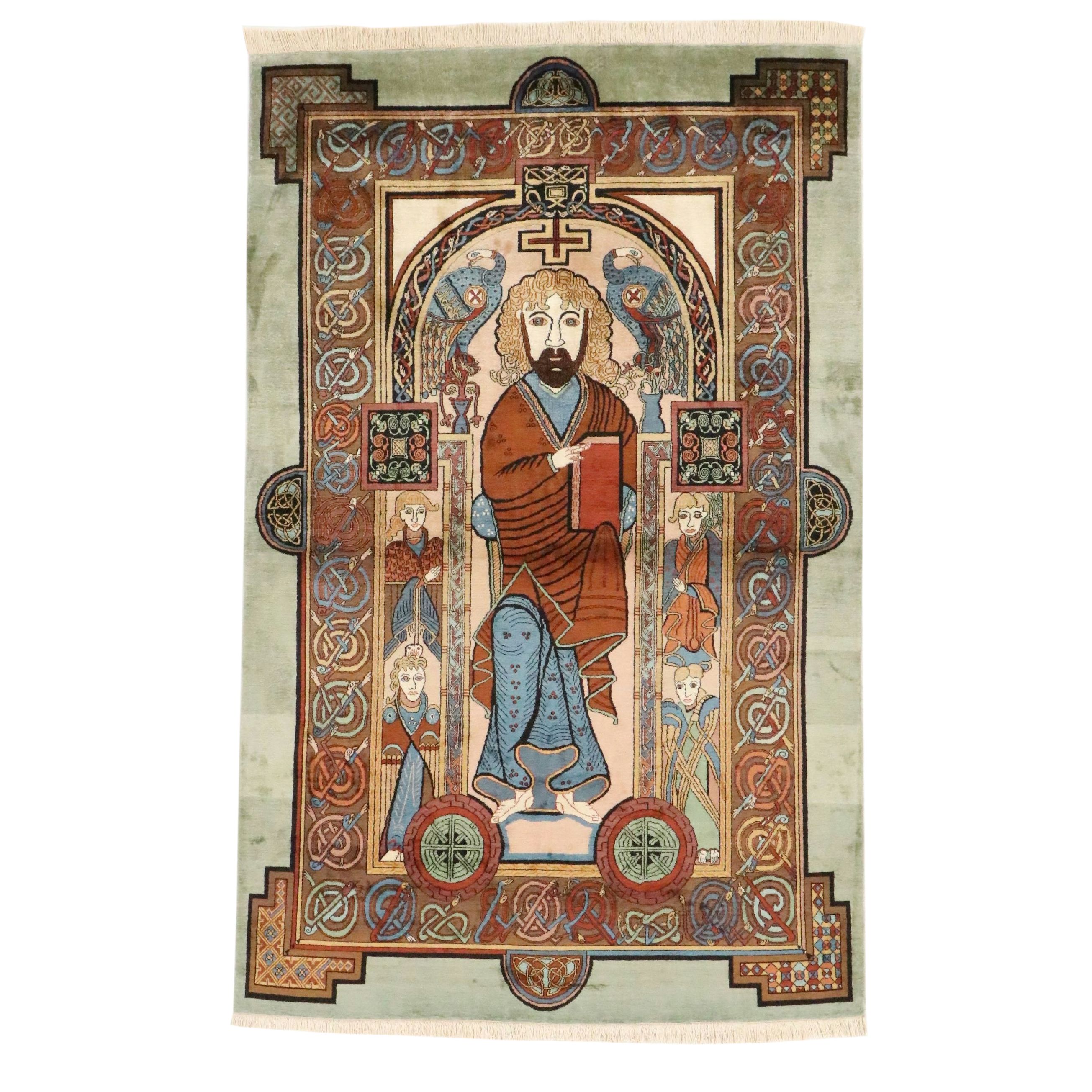 4'1 x 6'8 Hand-Knotted Persian Pictorial Wool and Silk Blend Area Rug