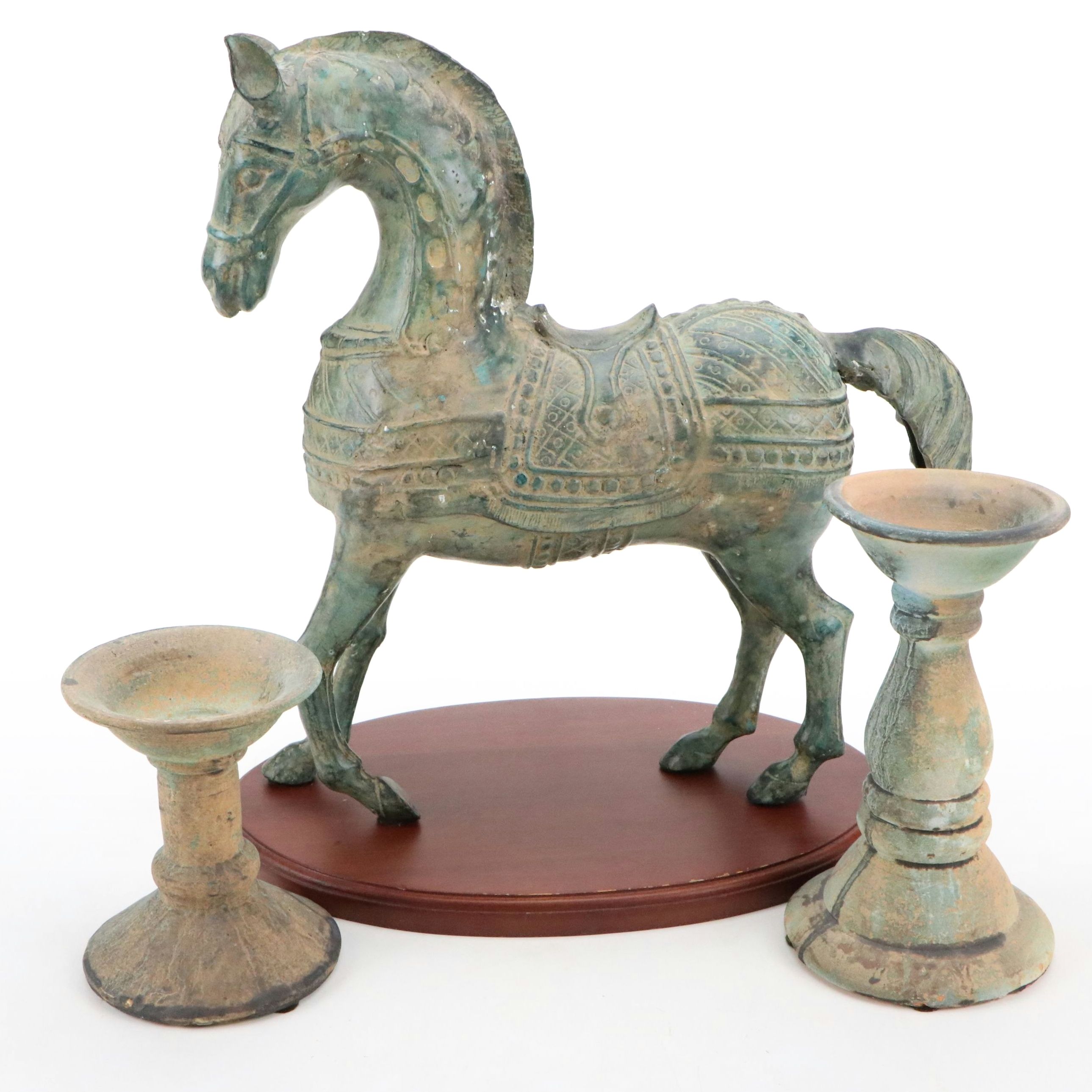 Verdigris Metal Horse with Ceramic Candle Holders