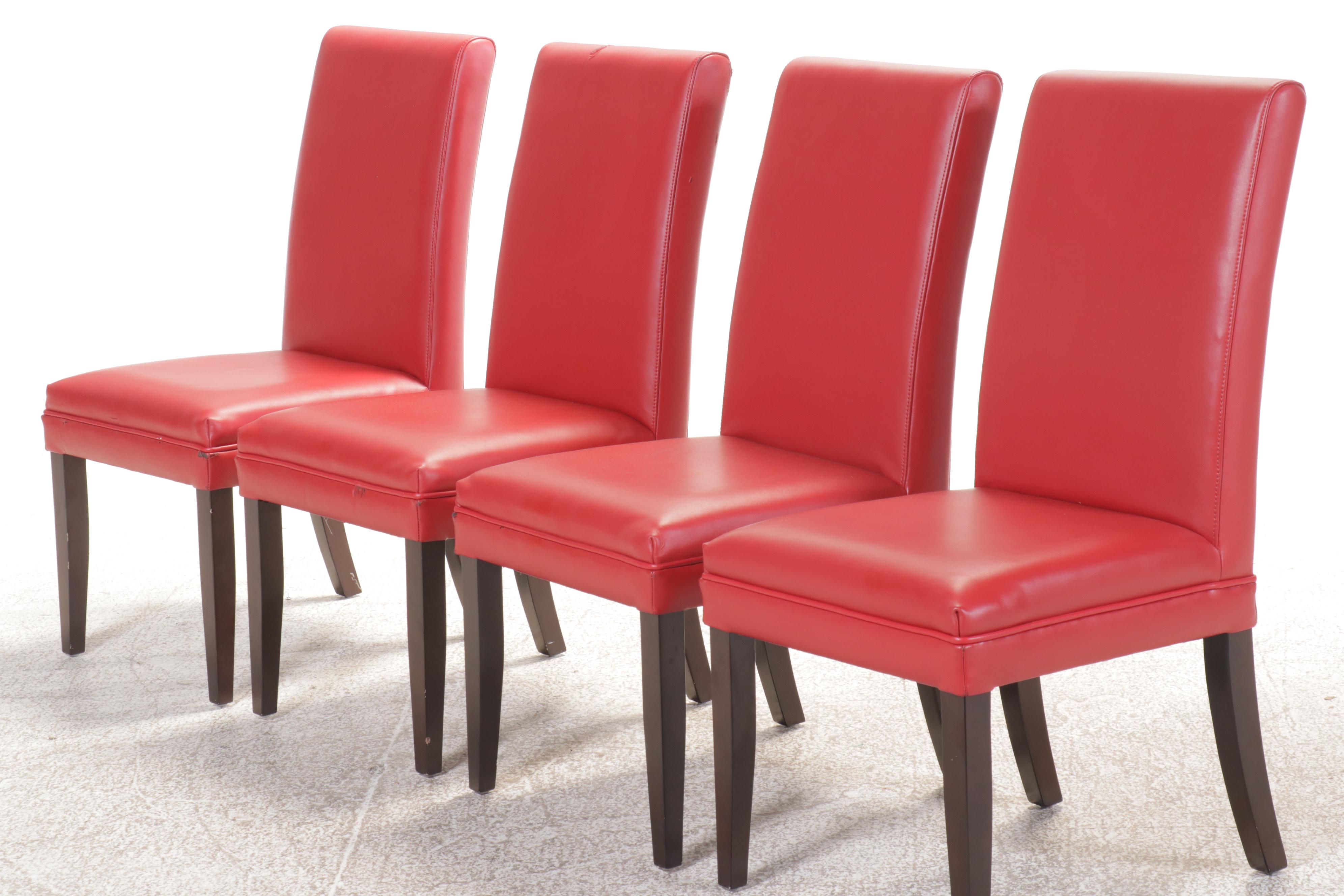 Set of Four Red Faux Leather and Wood Upholstered Parsons Style Dining Chairs