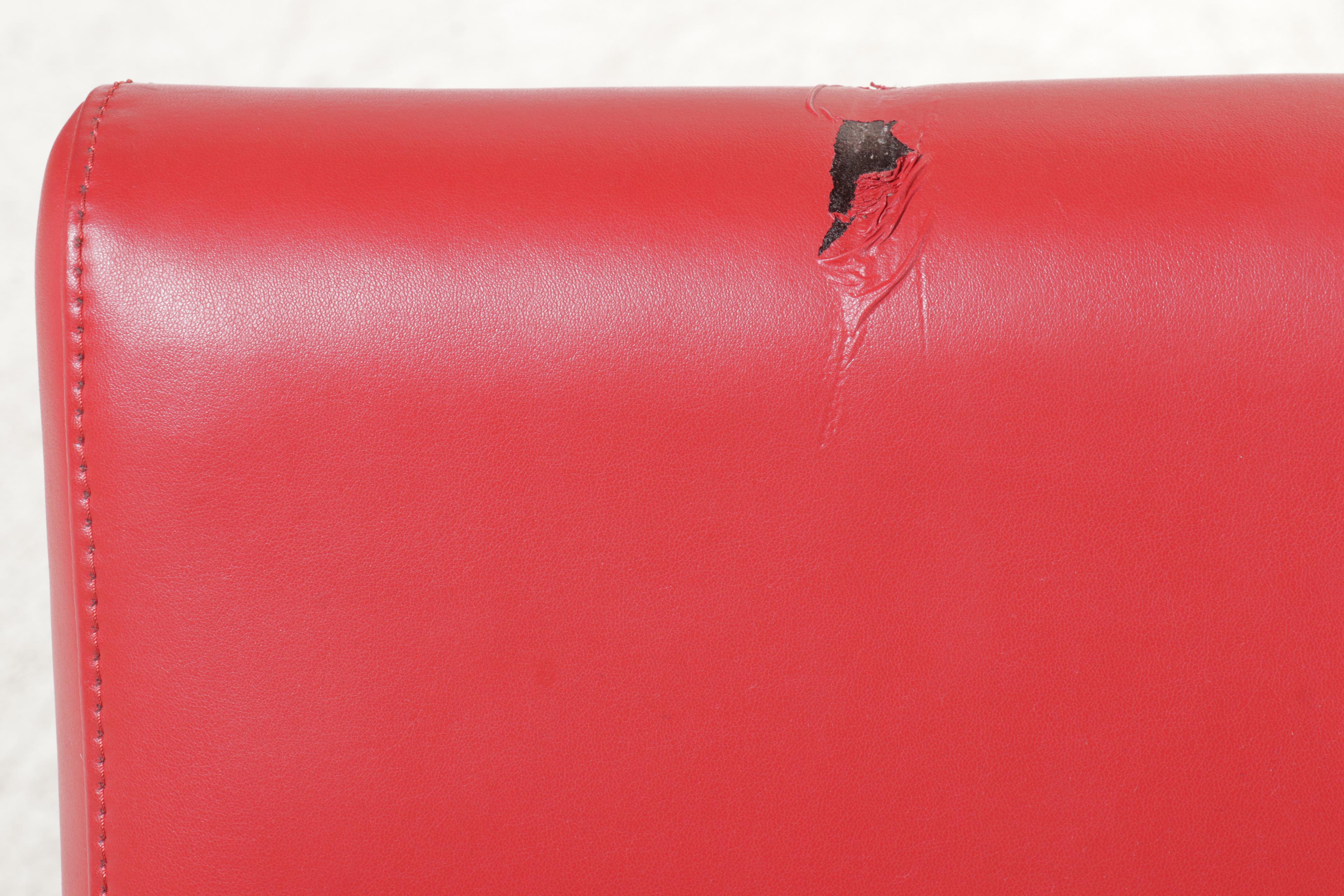 Set of Four Red Faux Leather and Wood Upholstered Parsons Style Dining Chairs