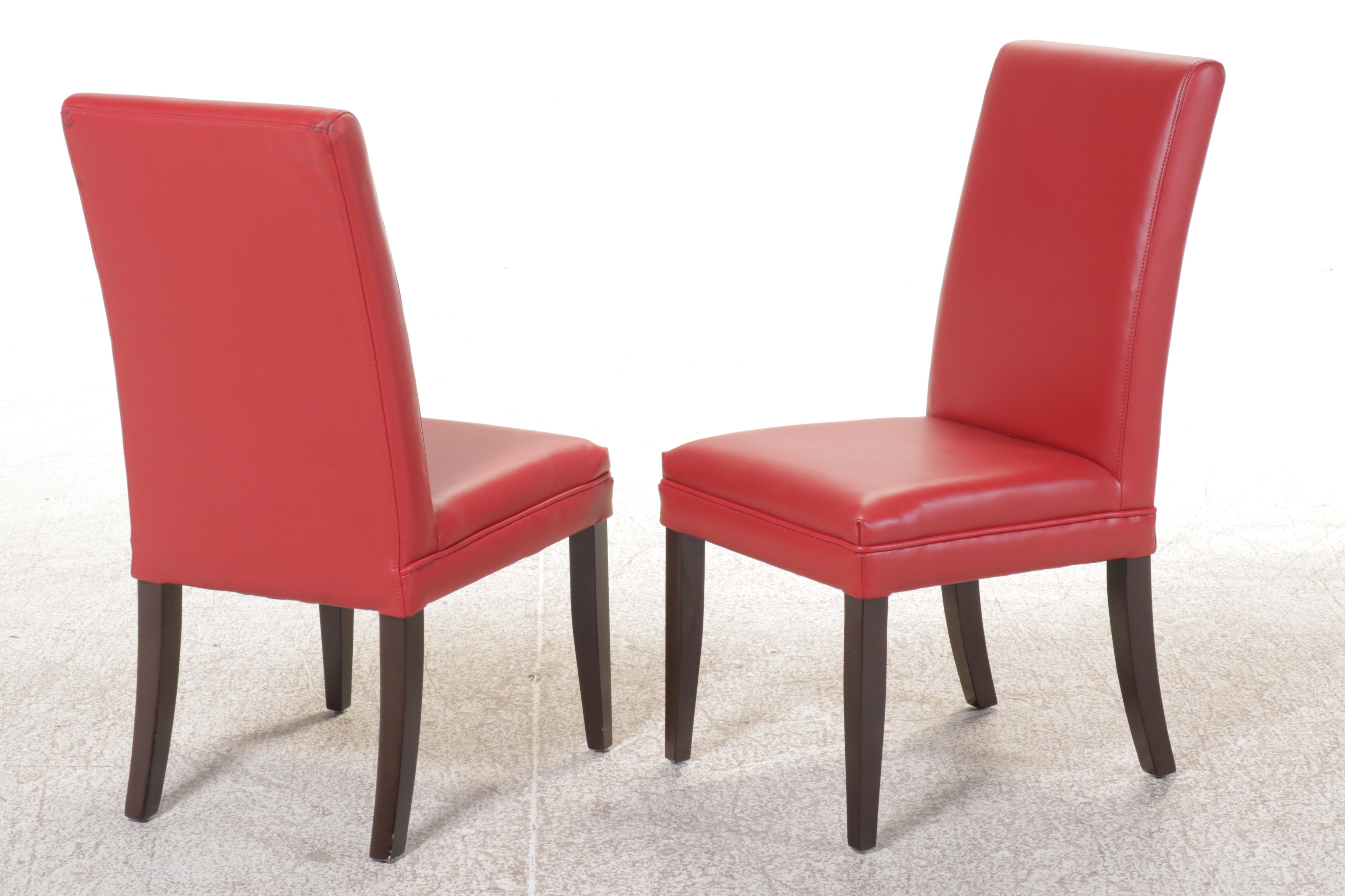 Set of Four Red Faux Leather and Wood Upholstered Parsons Style Dining Chairs