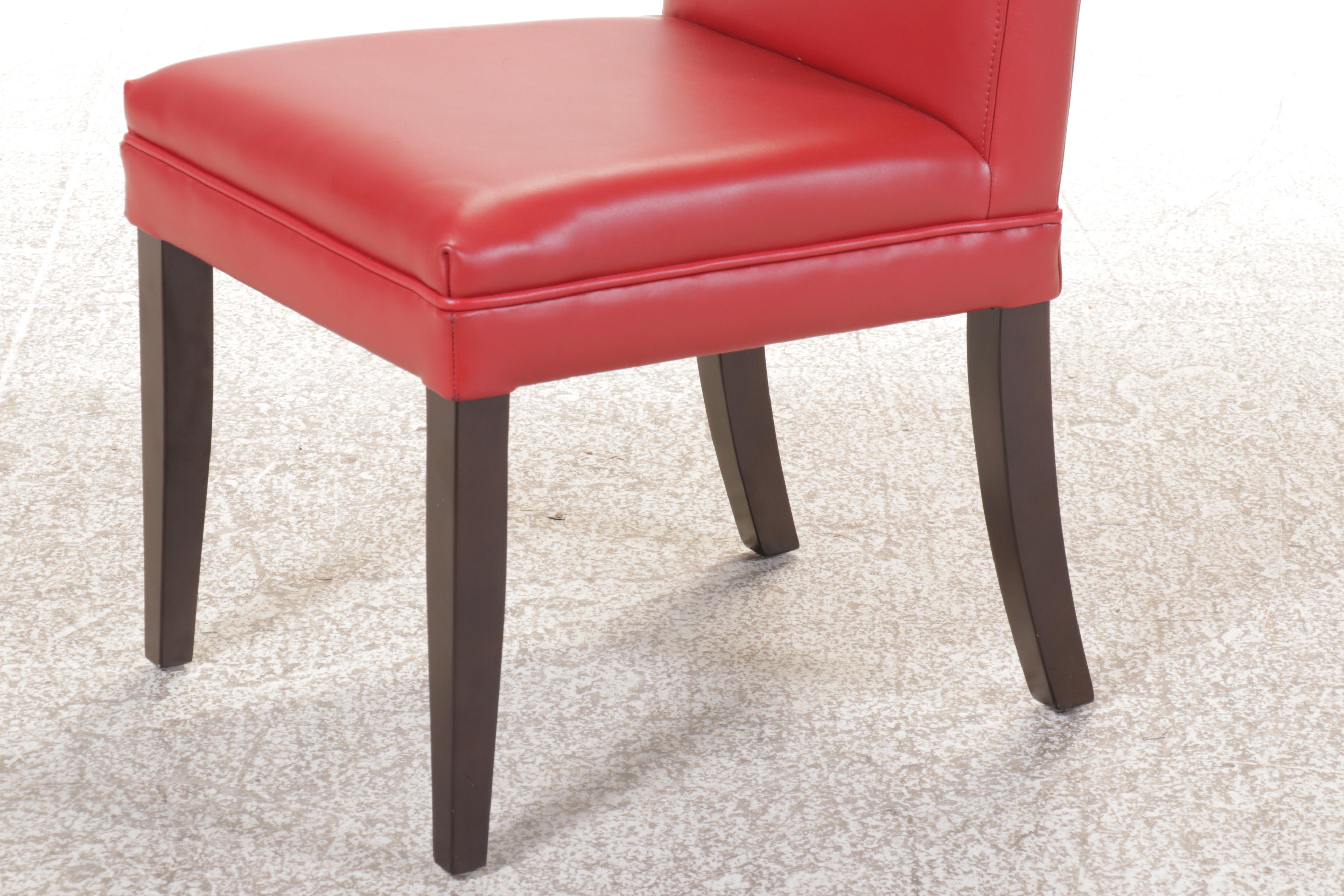 Set of Four Red Faux Leather and Wood Upholstered Parsons Style Dining Chairs