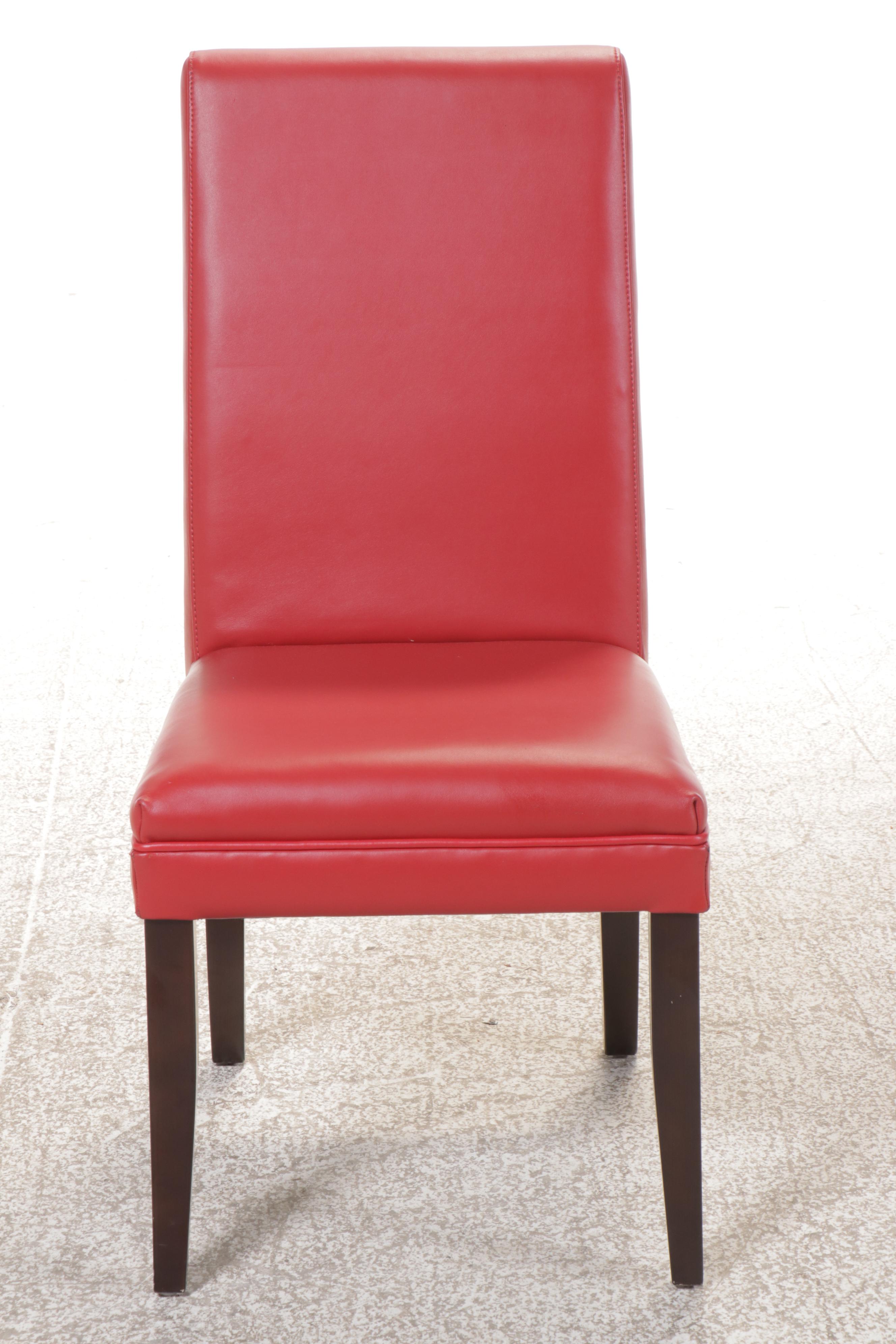 Set of Four Red Faux Leather and Wood Upholstered Parsons Style Dining Chairs