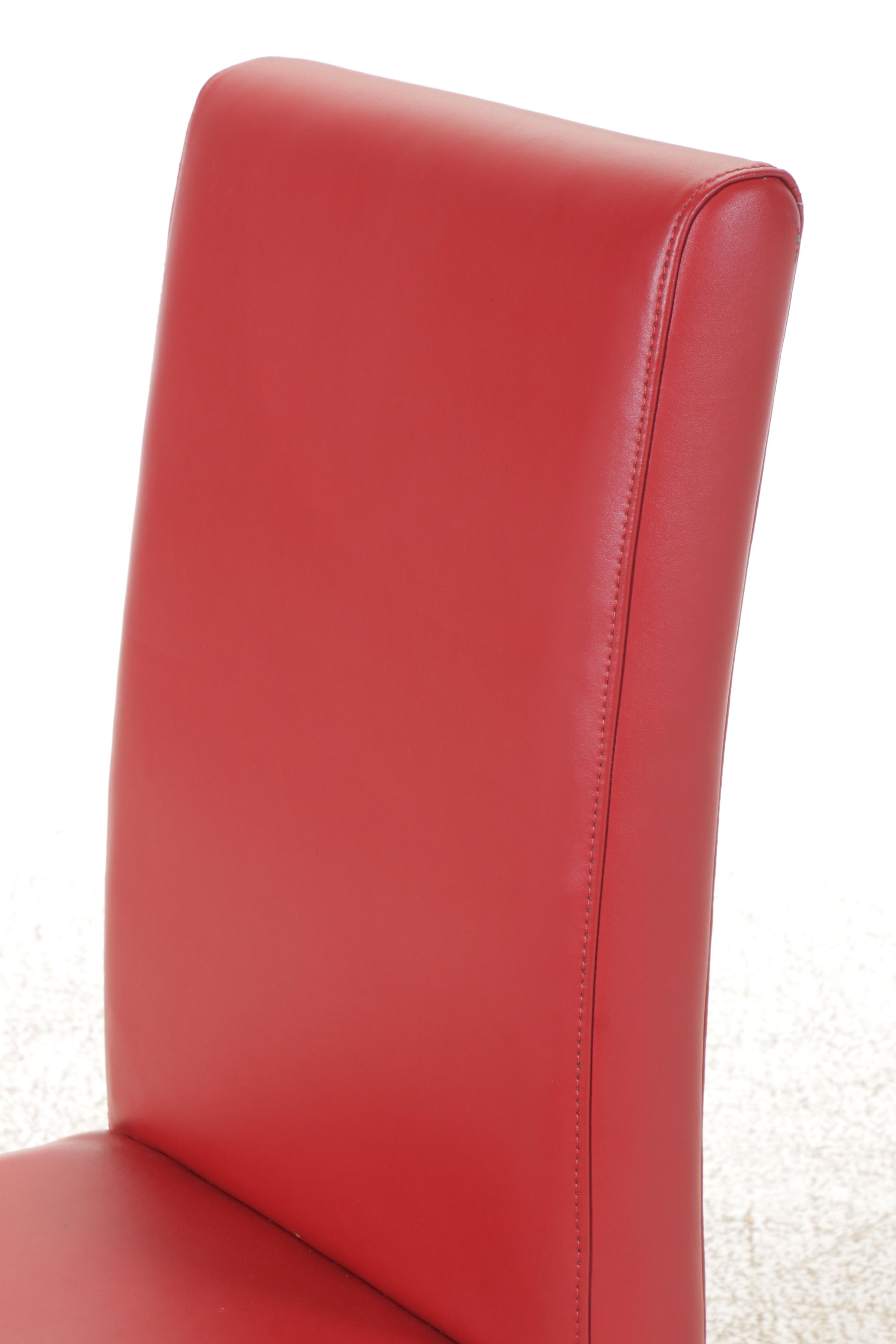 Set of Four Red Faux Leather and Wood Upholstered Parsons Style Dining Chairs