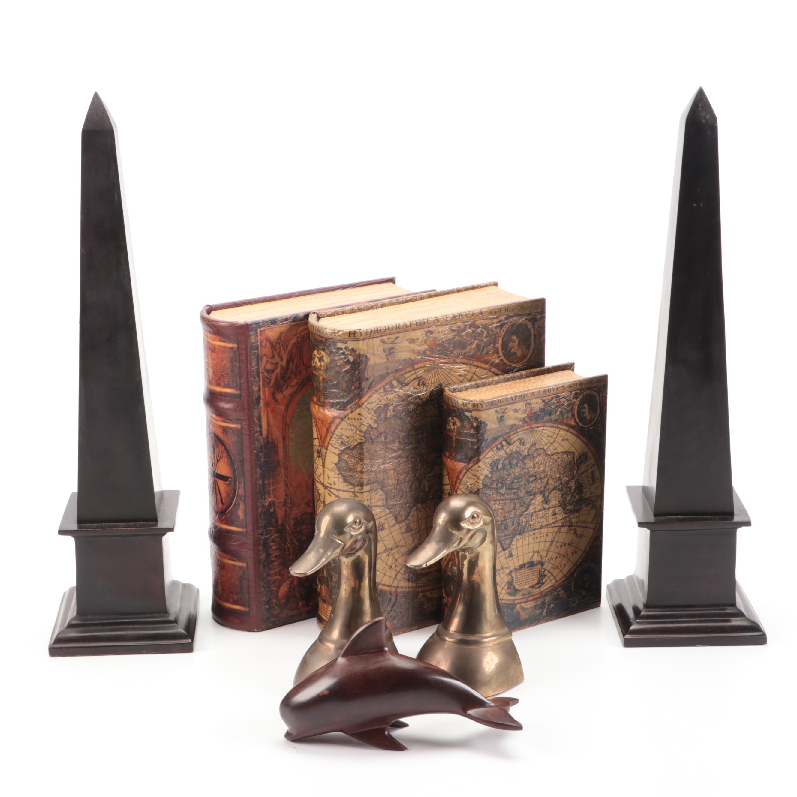 Faux Book Boxes with Brass Duck Bookends and Other Office Accessories
