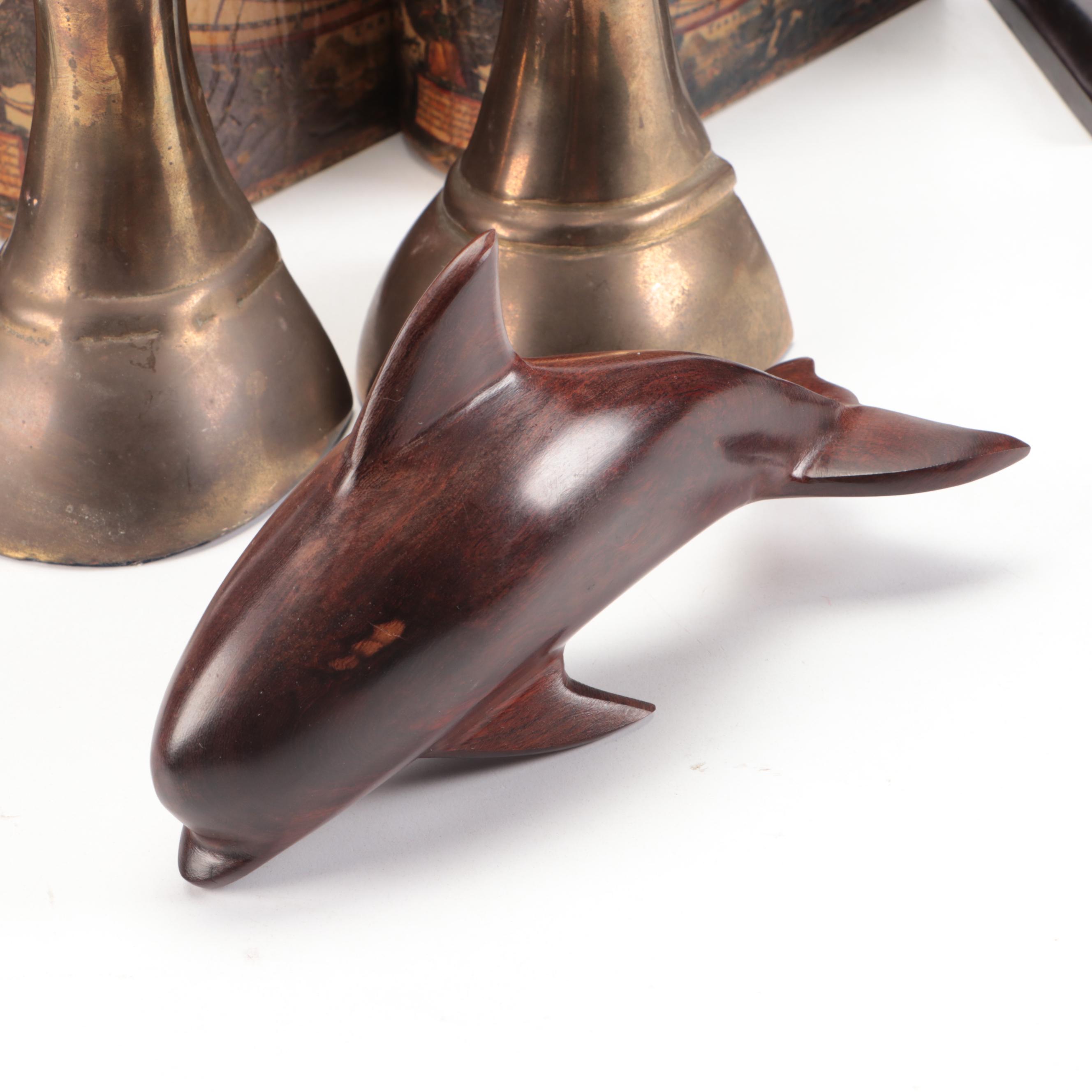 Faux Book Boxes with Brass Duck Bookends and Other Office Accessories