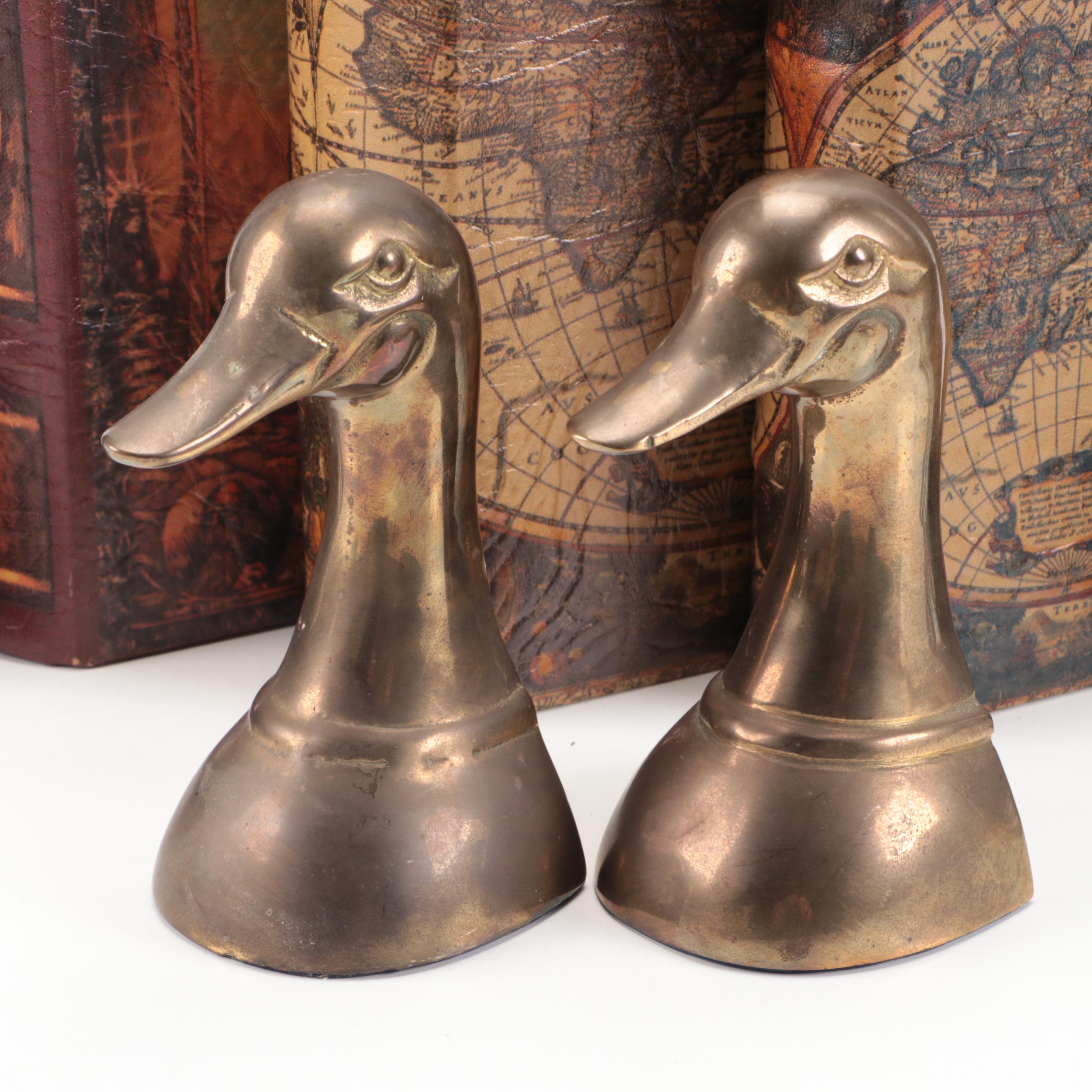 Faux Book Boxes with Brass Duck Bookends and Other Office Accessories