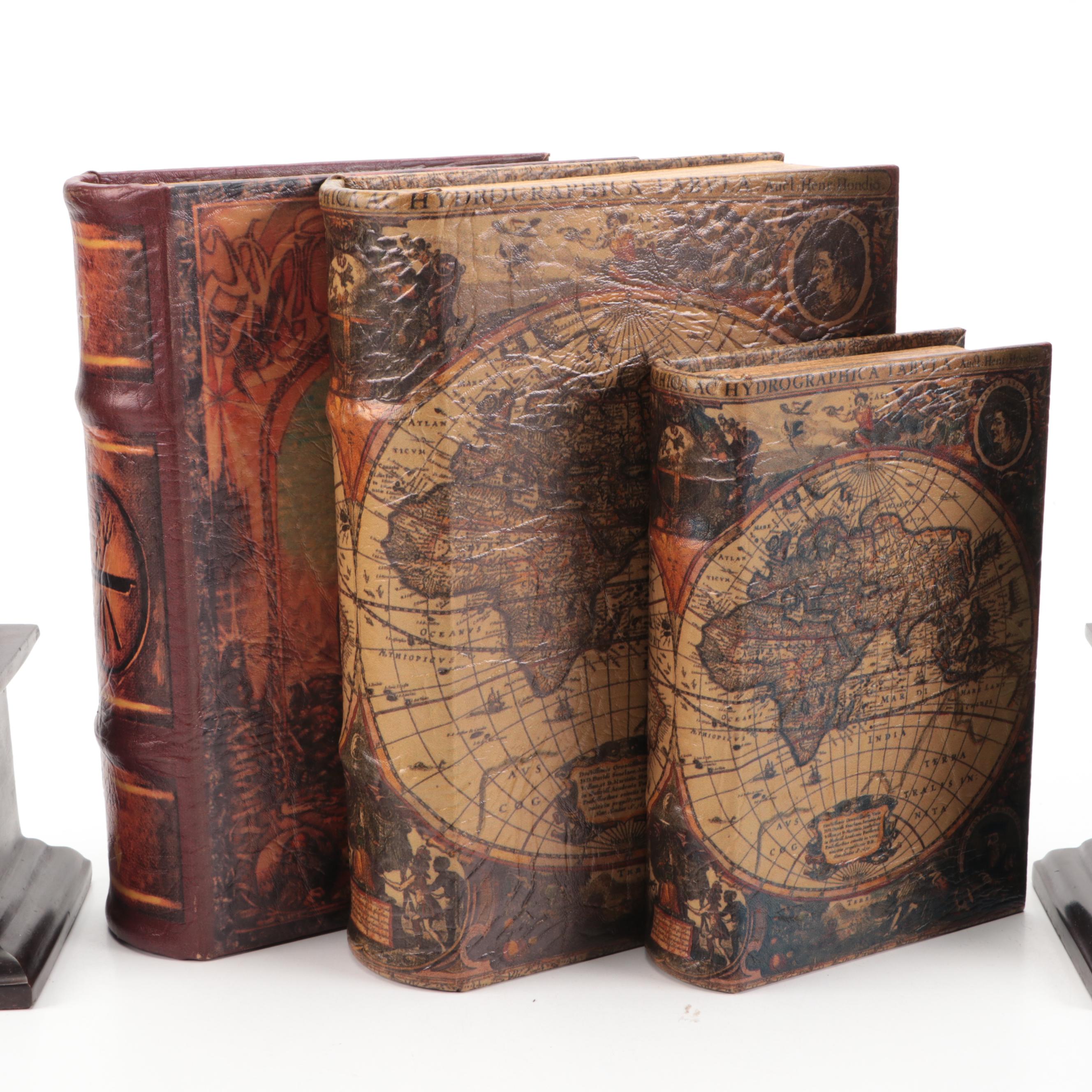 Faux Book Boxes with Brass Duck Bookends and Other Office Accessories