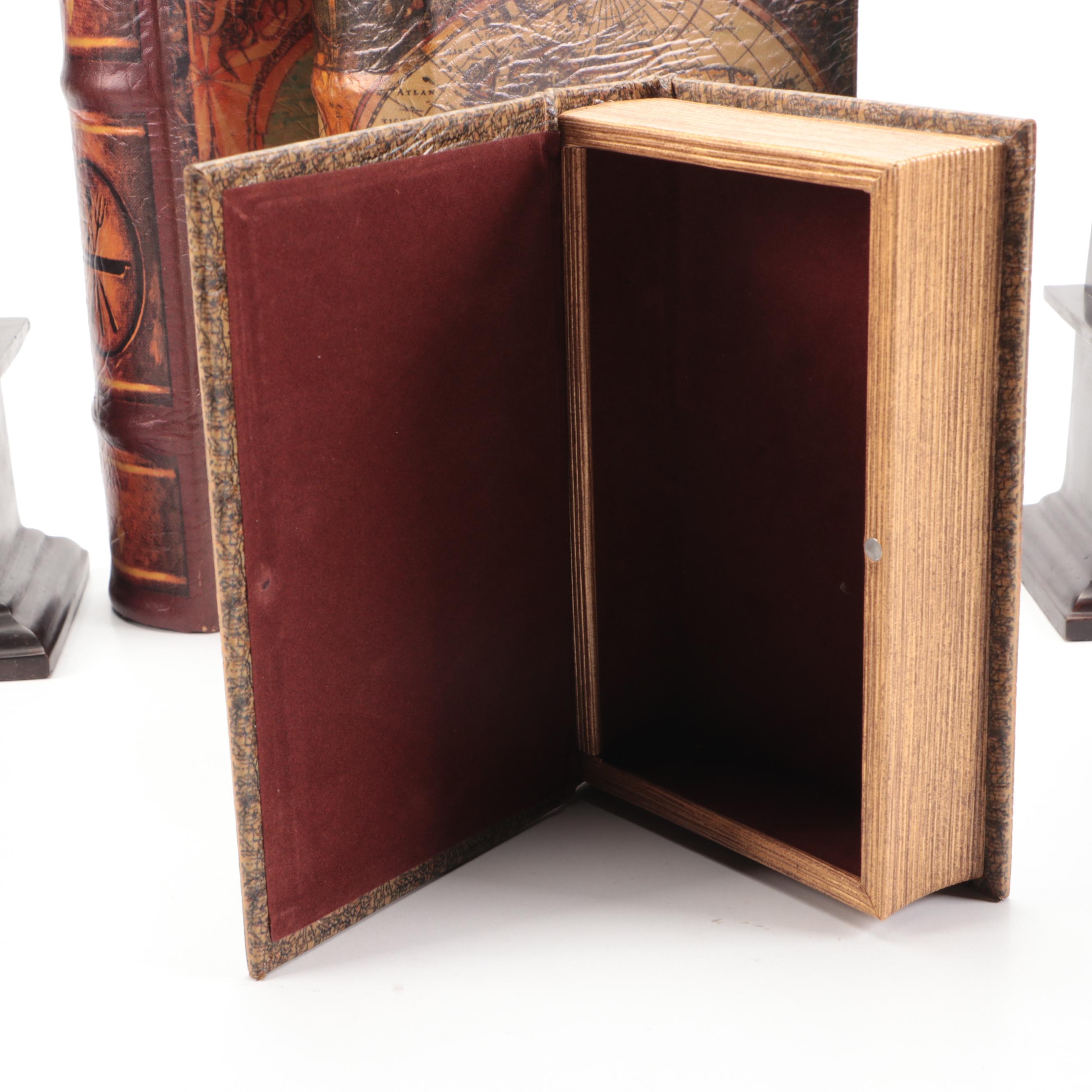 Faux Book Boxes with Brass Duck Bookends and Other Office Accessories