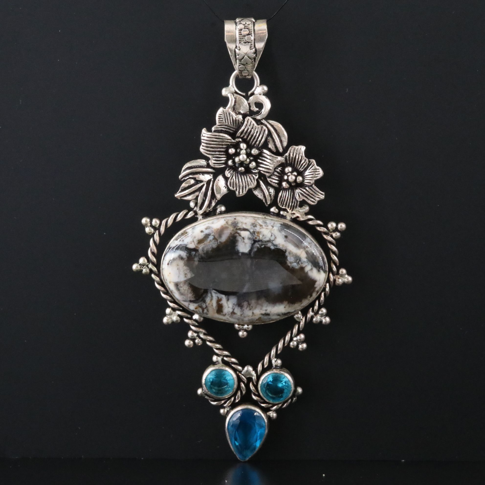 Sterling Agate and Faux Gemstone Floral Pendant