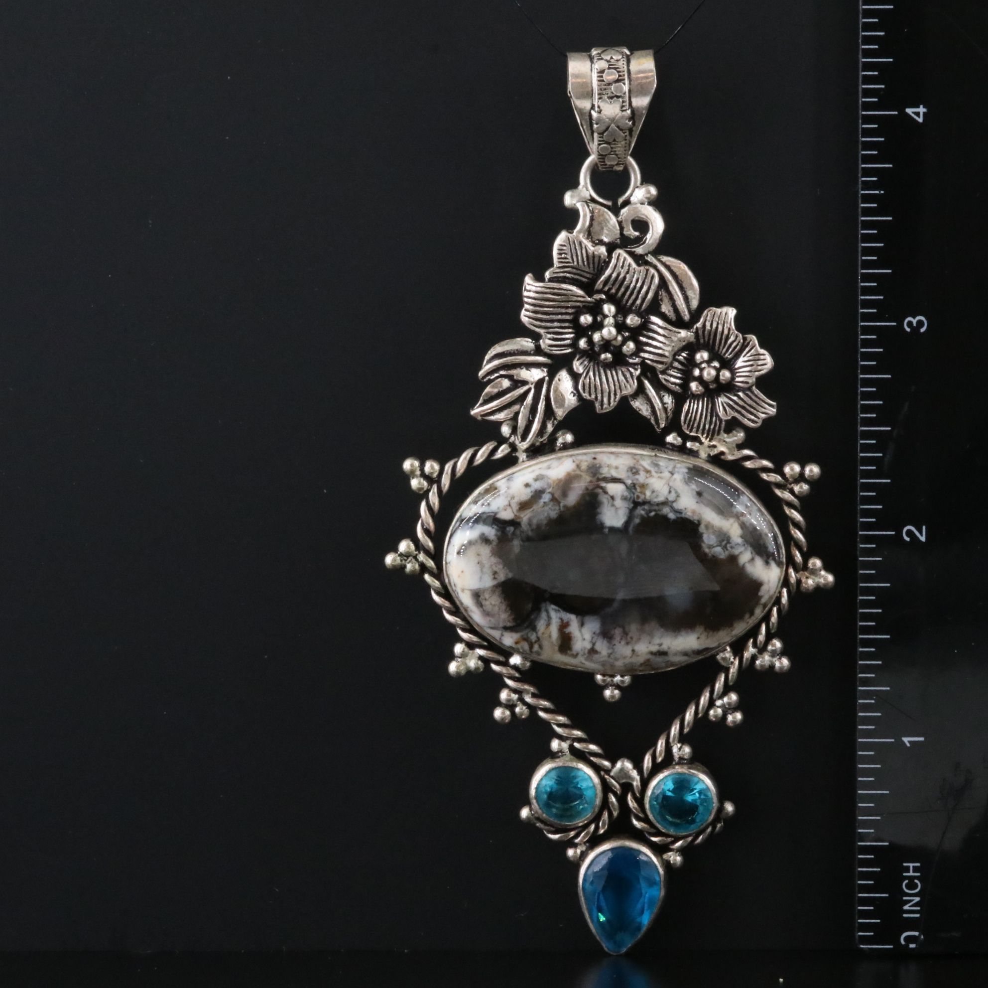 Sterling Agate and Faux Gemstone Floral Pendant