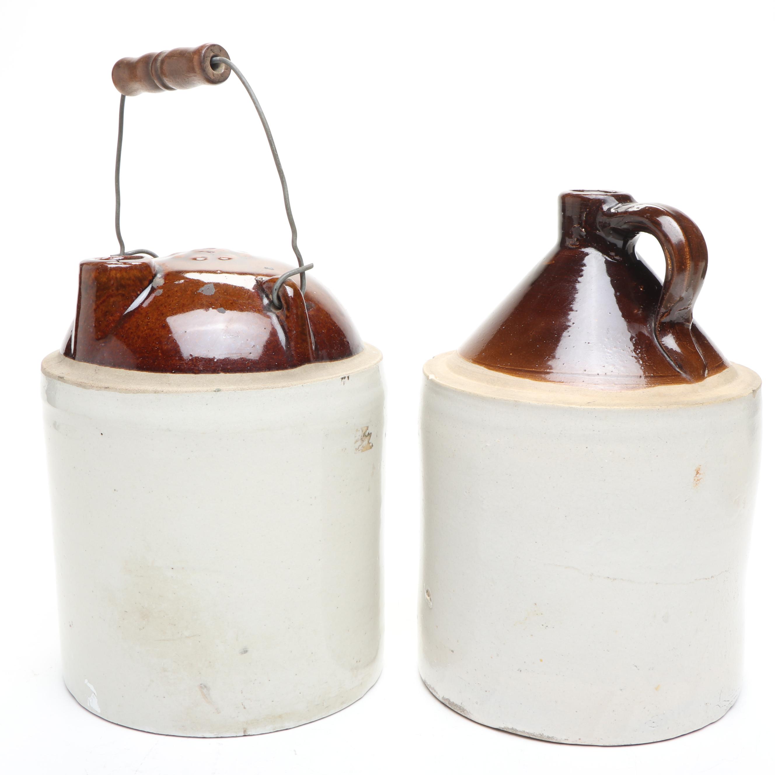 American Salt Glazed Two-Gallon Jug with Other Dip Glaze Jugs
